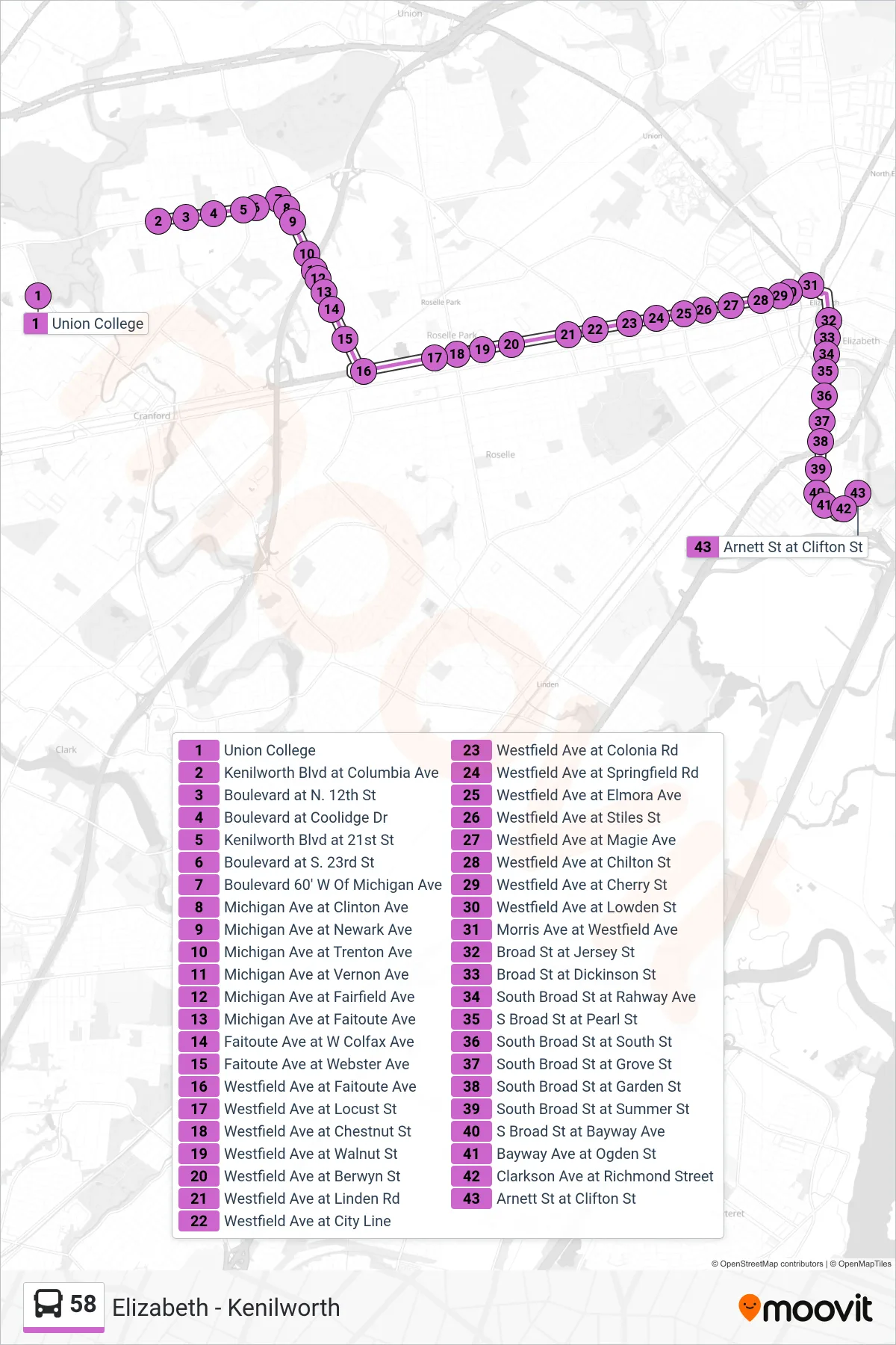 58 bus Line (Elizabeth Clarkson Ave) route and stops on a map