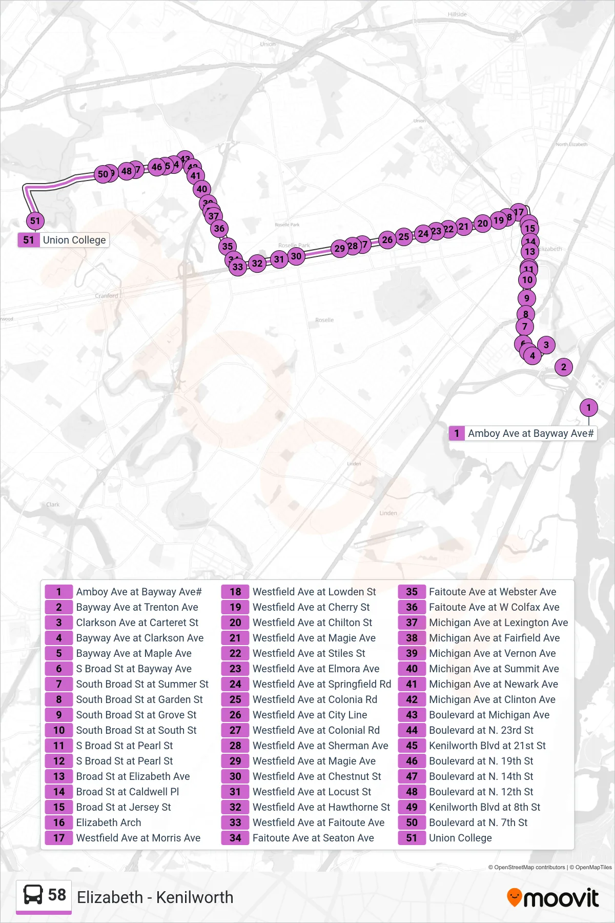 58 bus Line (Union College Cranford) route and stops on a map