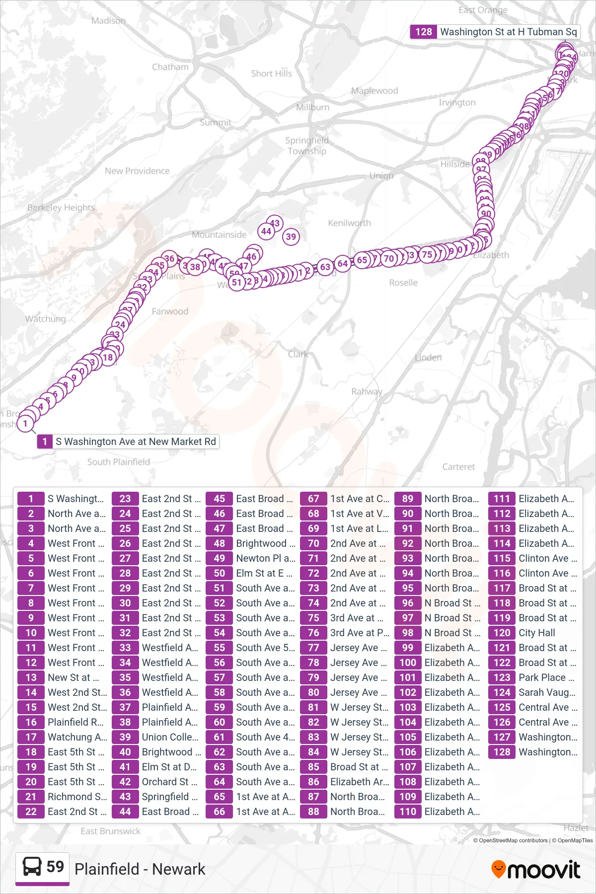 59 bus Line (Newark H. Tubman Pk) route and stops on a map