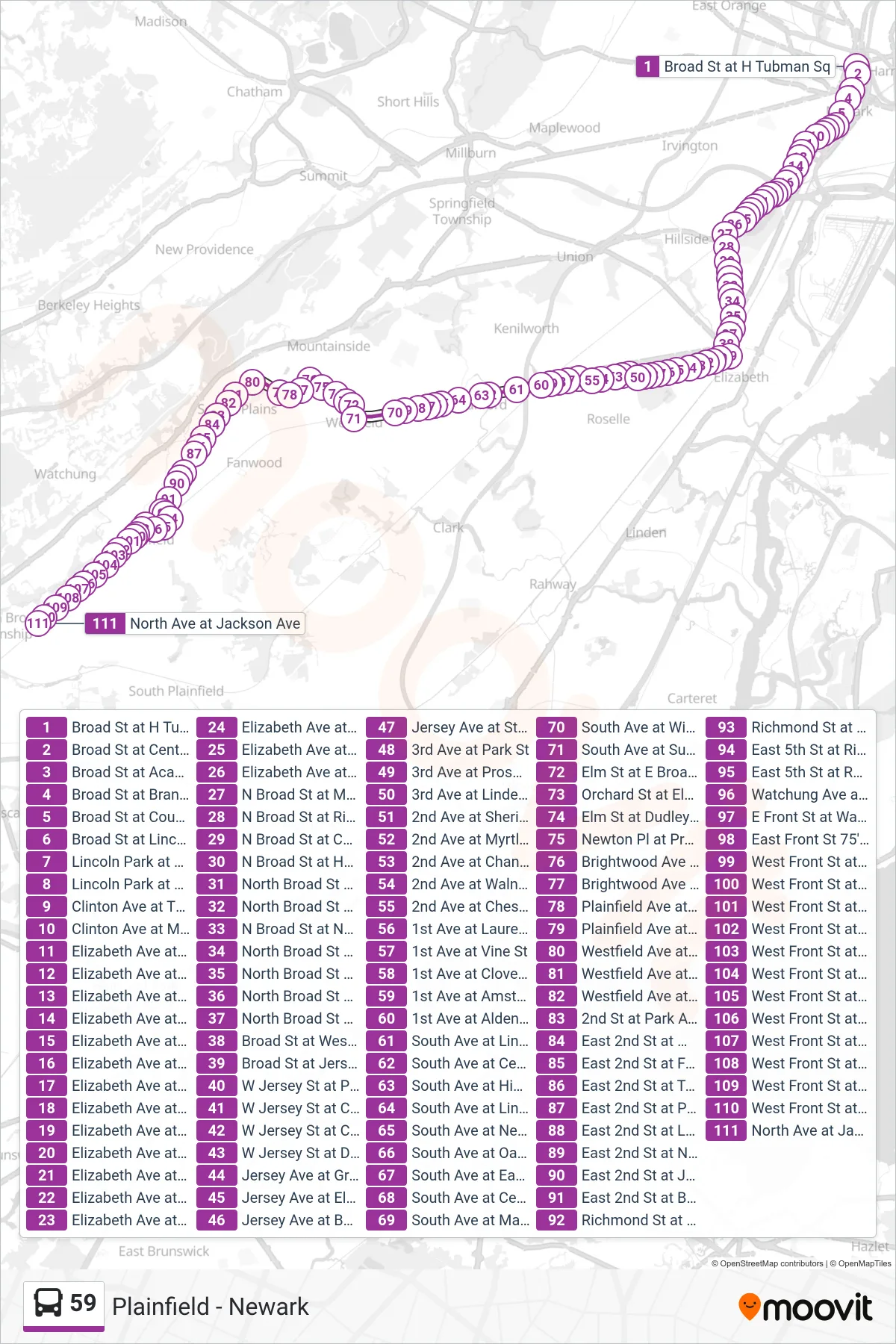 59 bus Line (Dunellen) route and stops on a map
