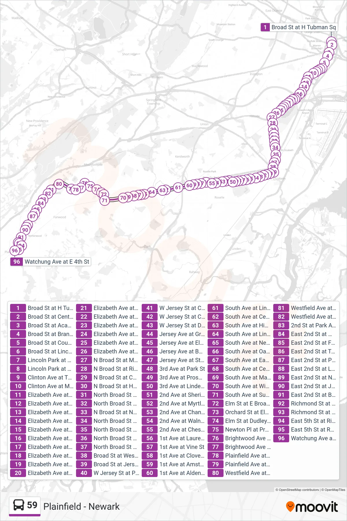 59 bus Line (Plainfield) route and stops on a map