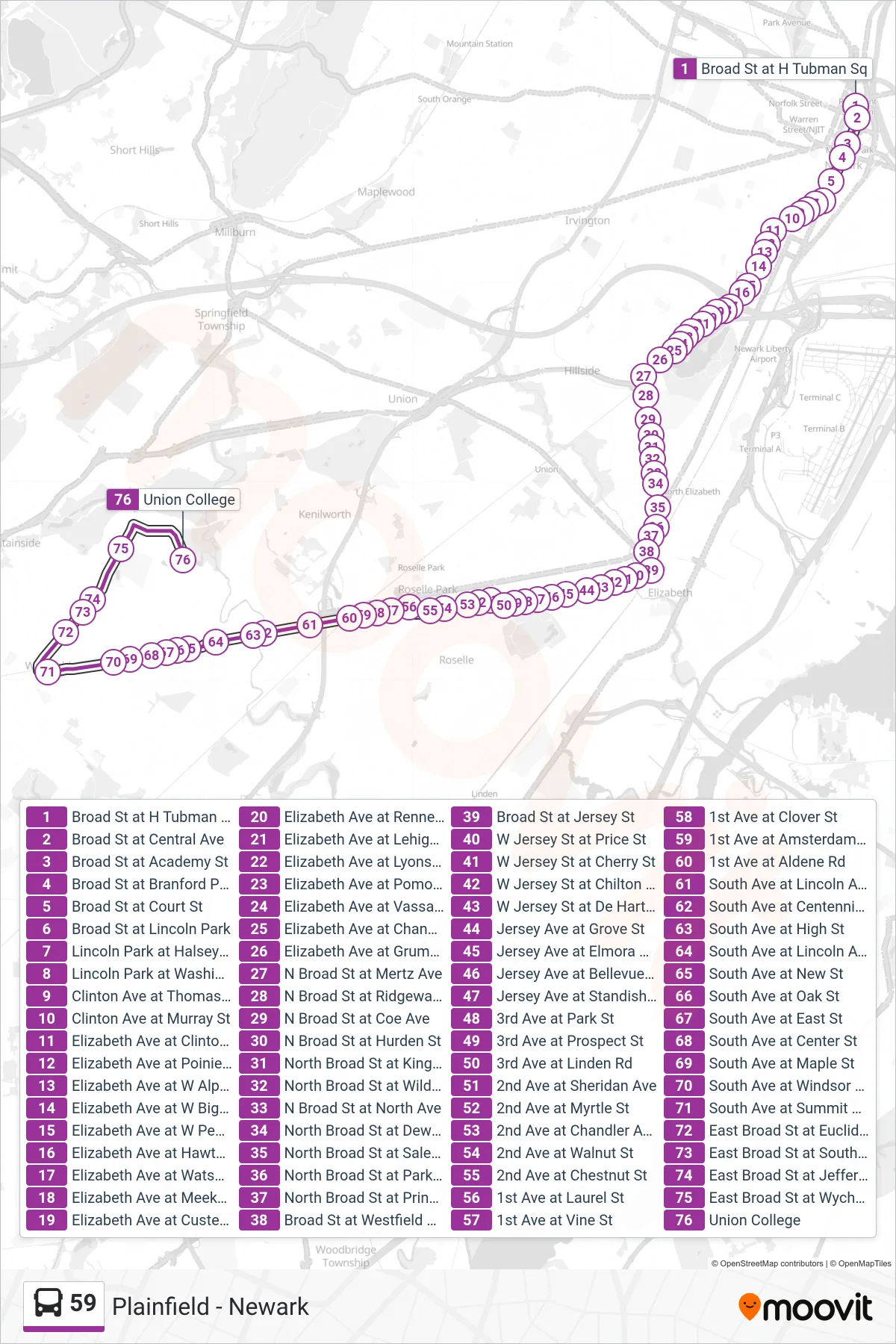59 bus Line (UC Cranford Via Westfield) route and stops on a map