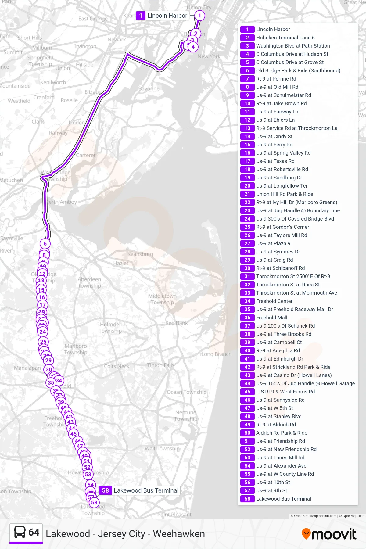 64 bus Line (Lakewood Via Freehold Ctr) route and stops on a map