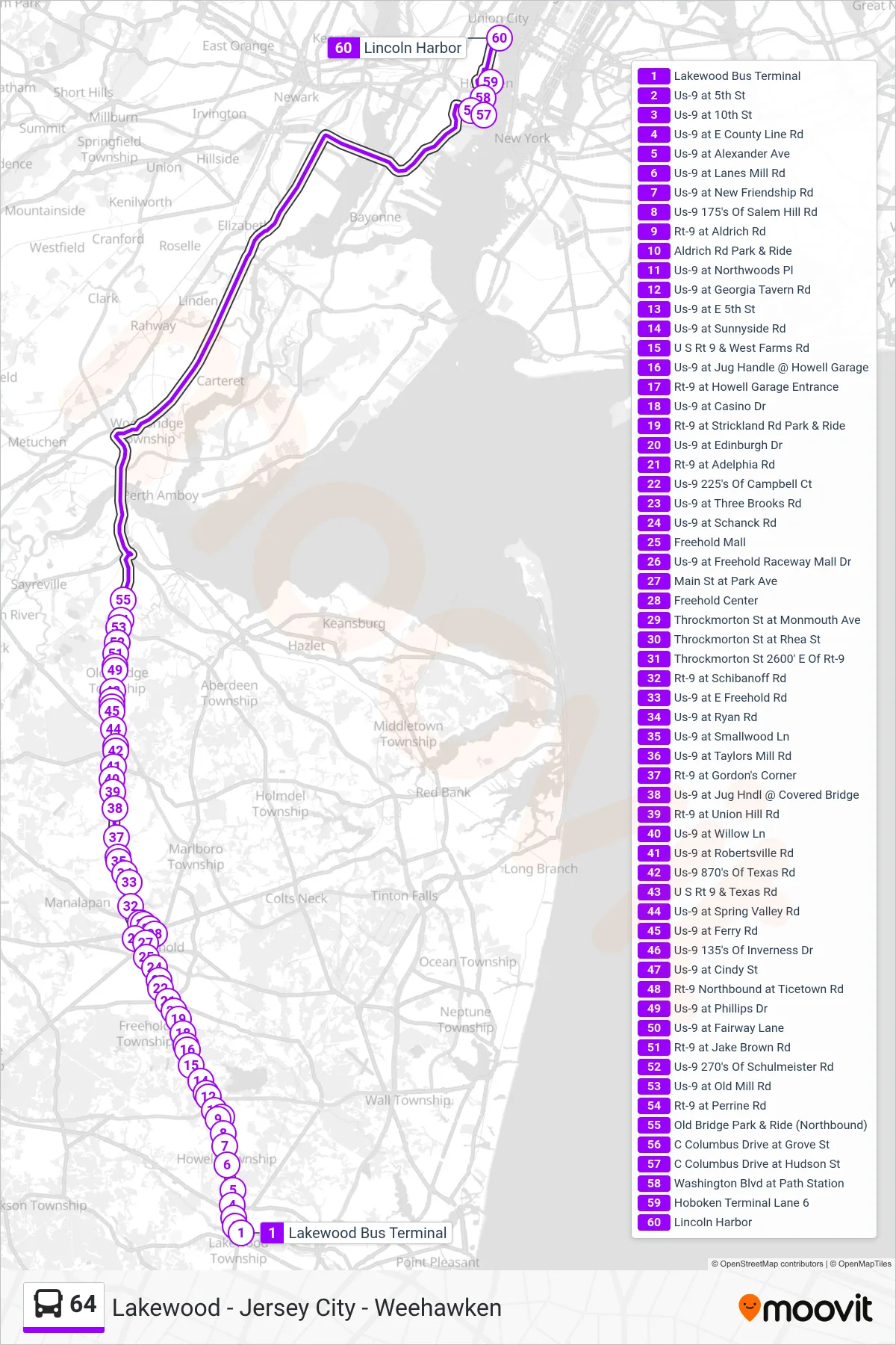 64 bus Line (Weehawken Hoboken) route and stops on a map