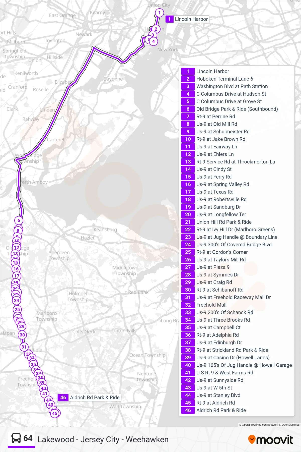 64 bus Line (Howell Twp Aldrich Rd Park Ride) route and stops on a map
