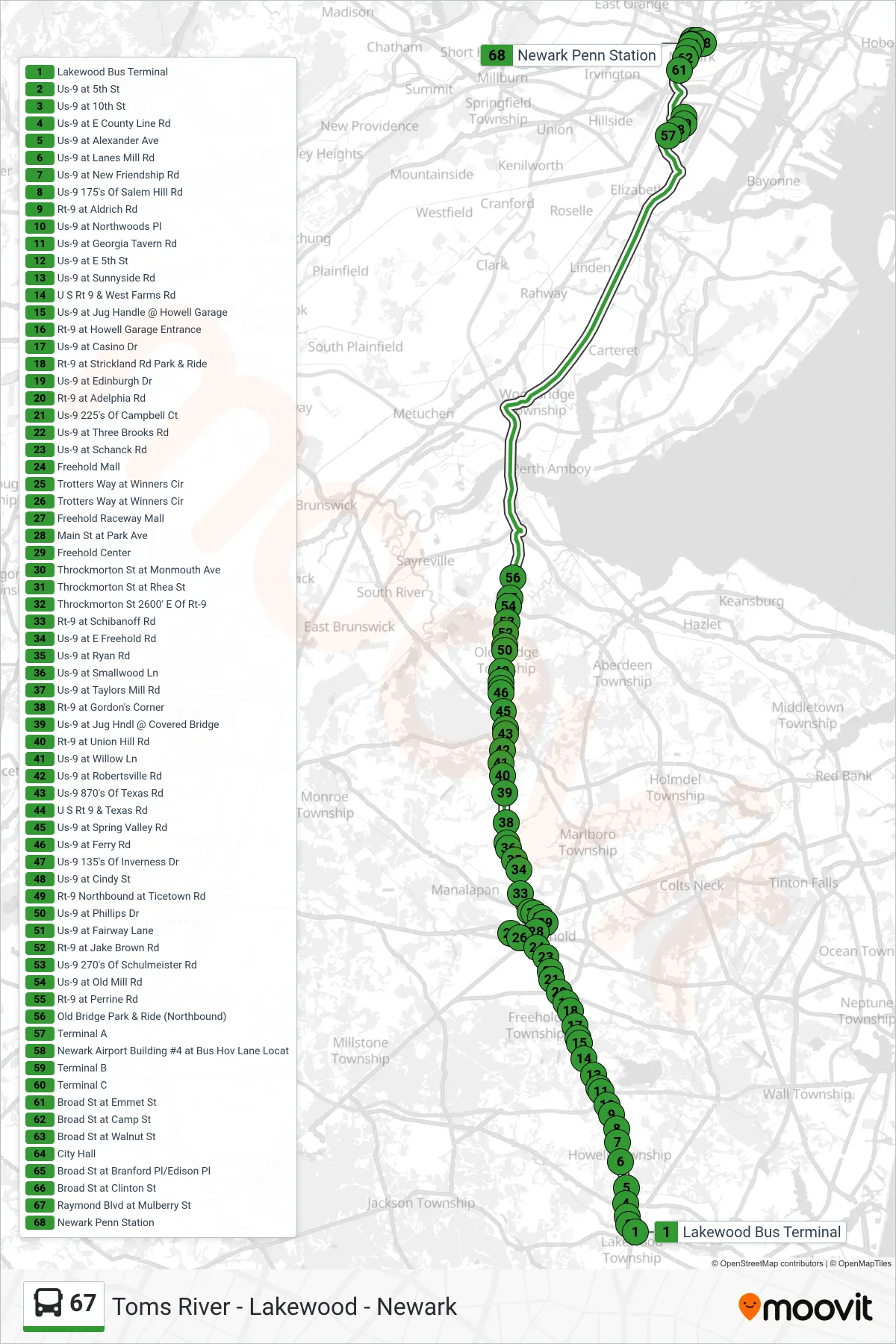 67 bus Line (Newark Via Newark Airport) route and stops on a map