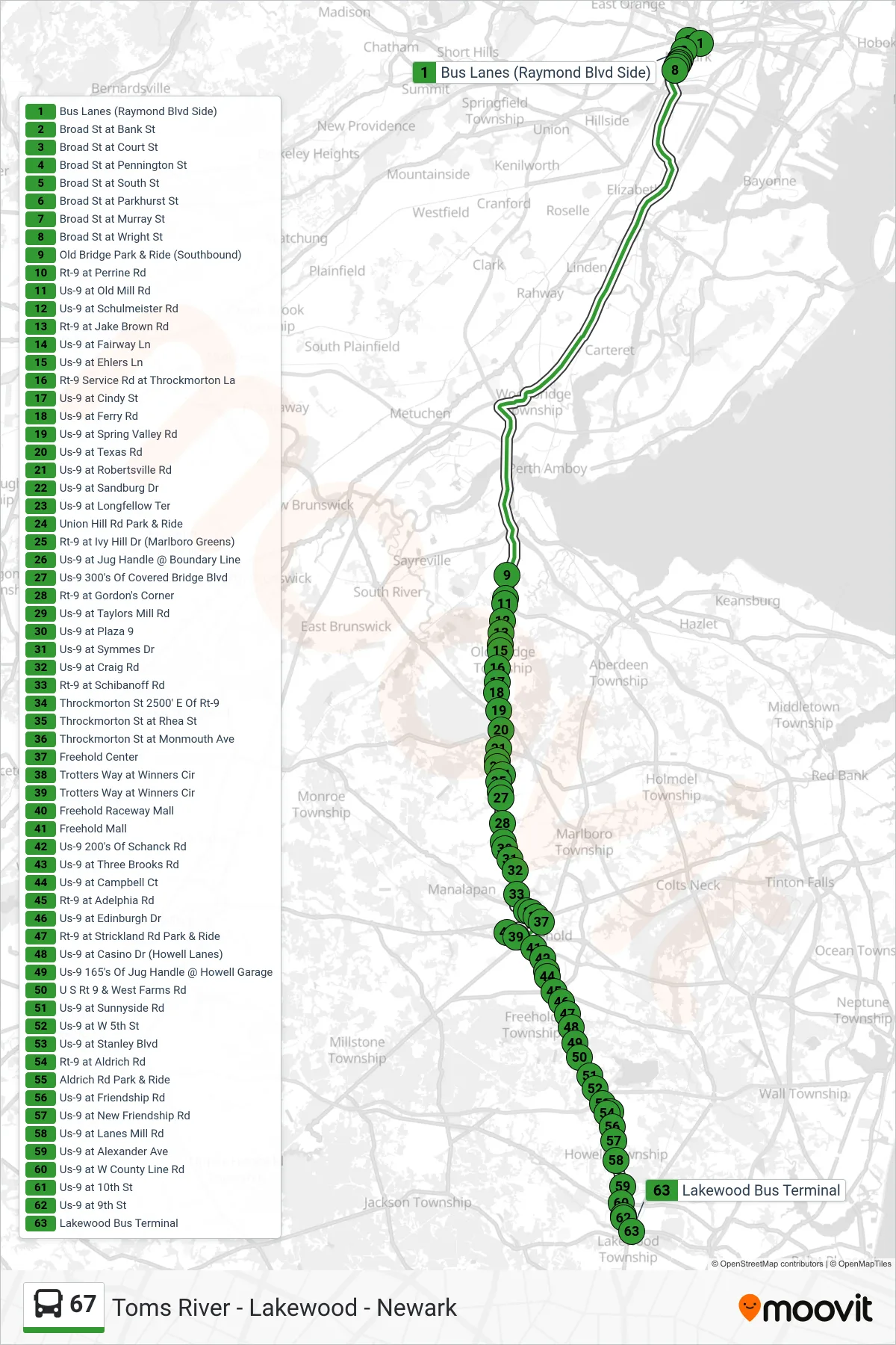 67 bus Line (Lakewood) route and stops on a map