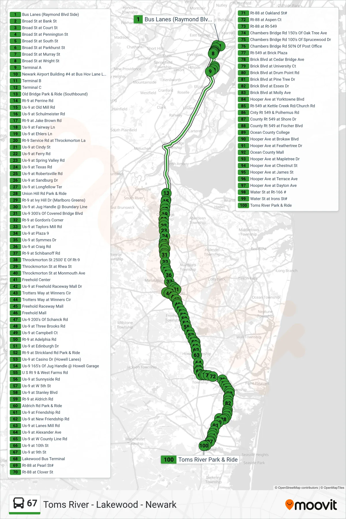 67 bus Line (Toms River Via Lakewood) route and stops on a map