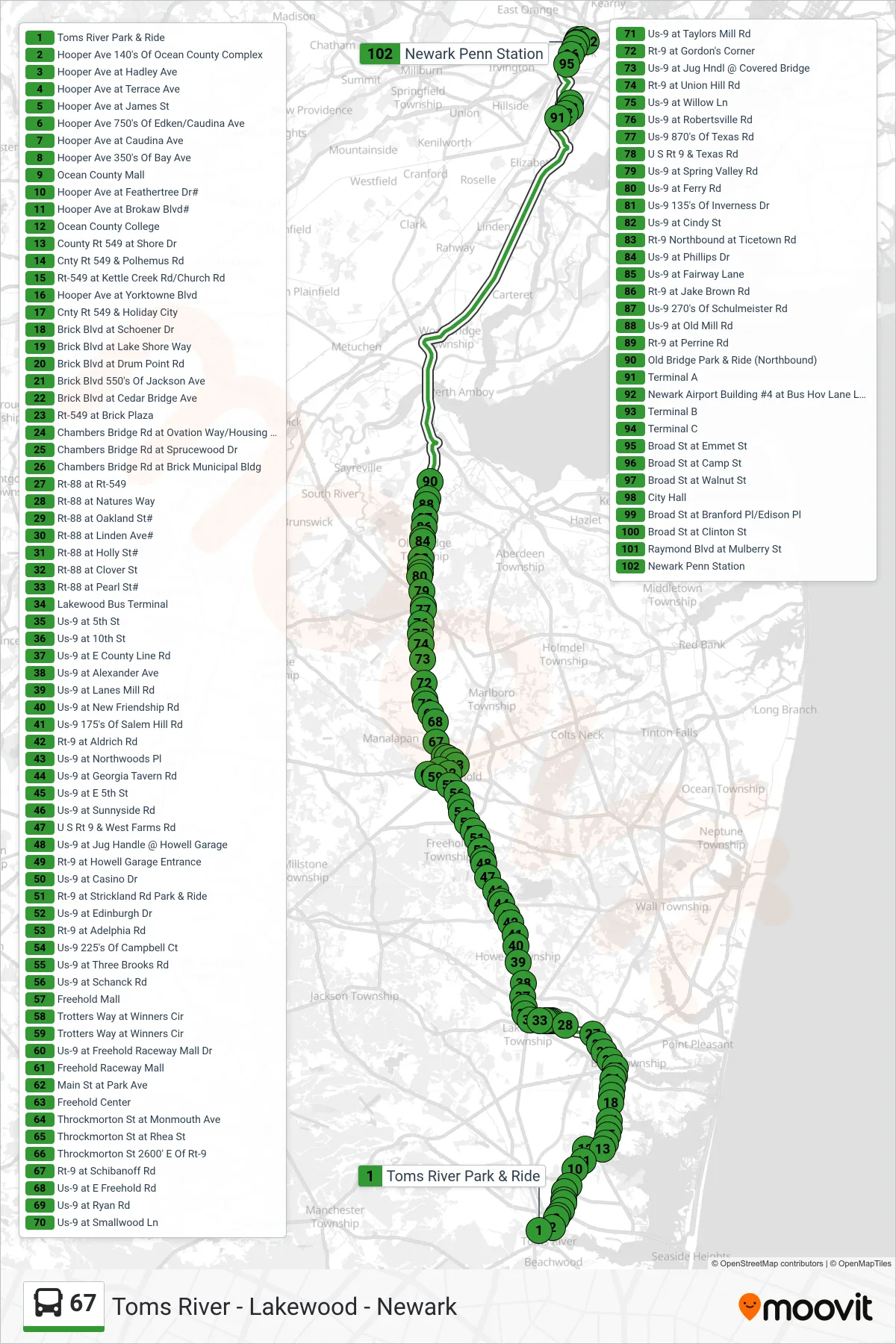 67 bus Line (Newark Via Lakewood Newark Via Nwk Airport) route and stops on a map