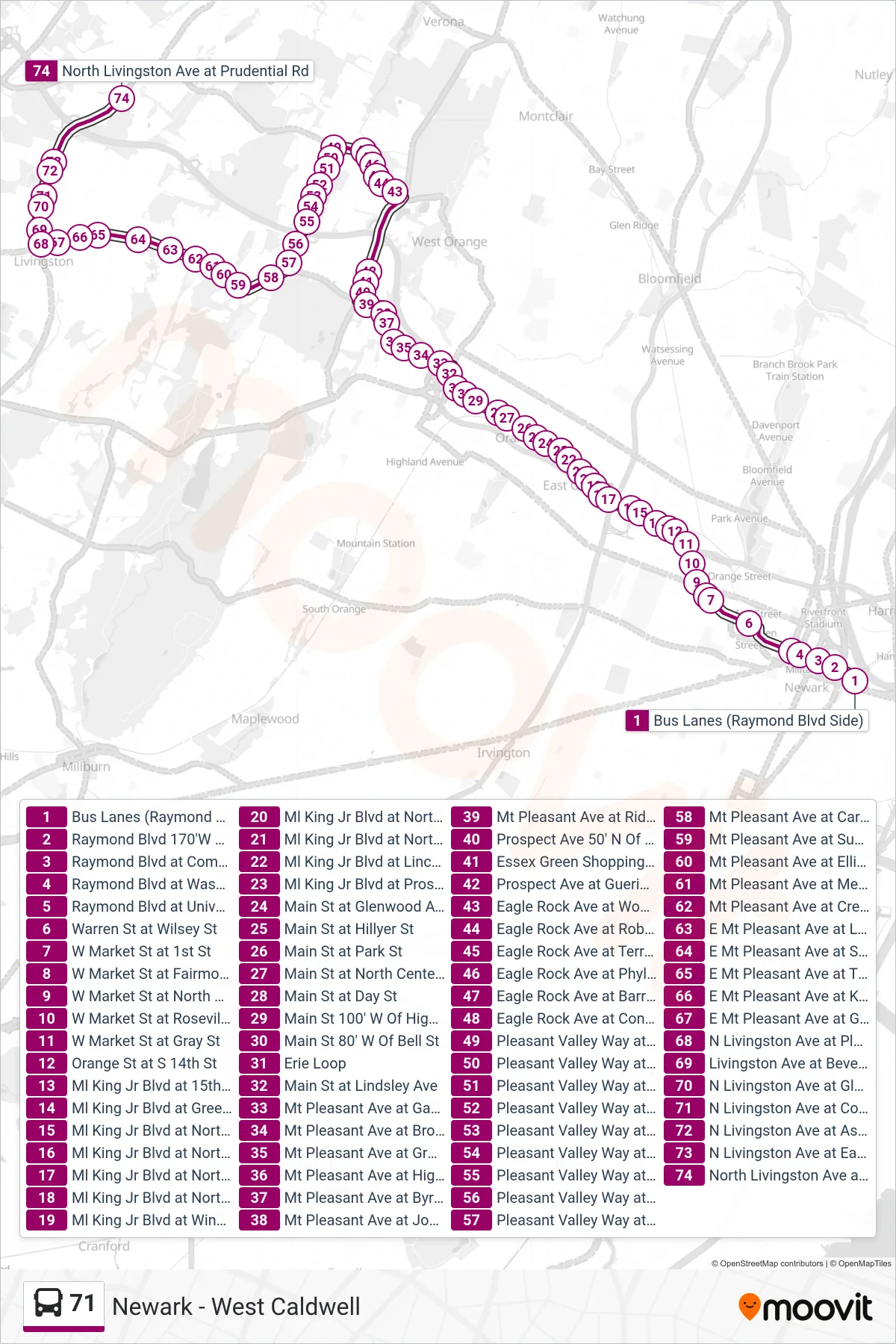 71 bus Line (Roseland) route and stops on a map