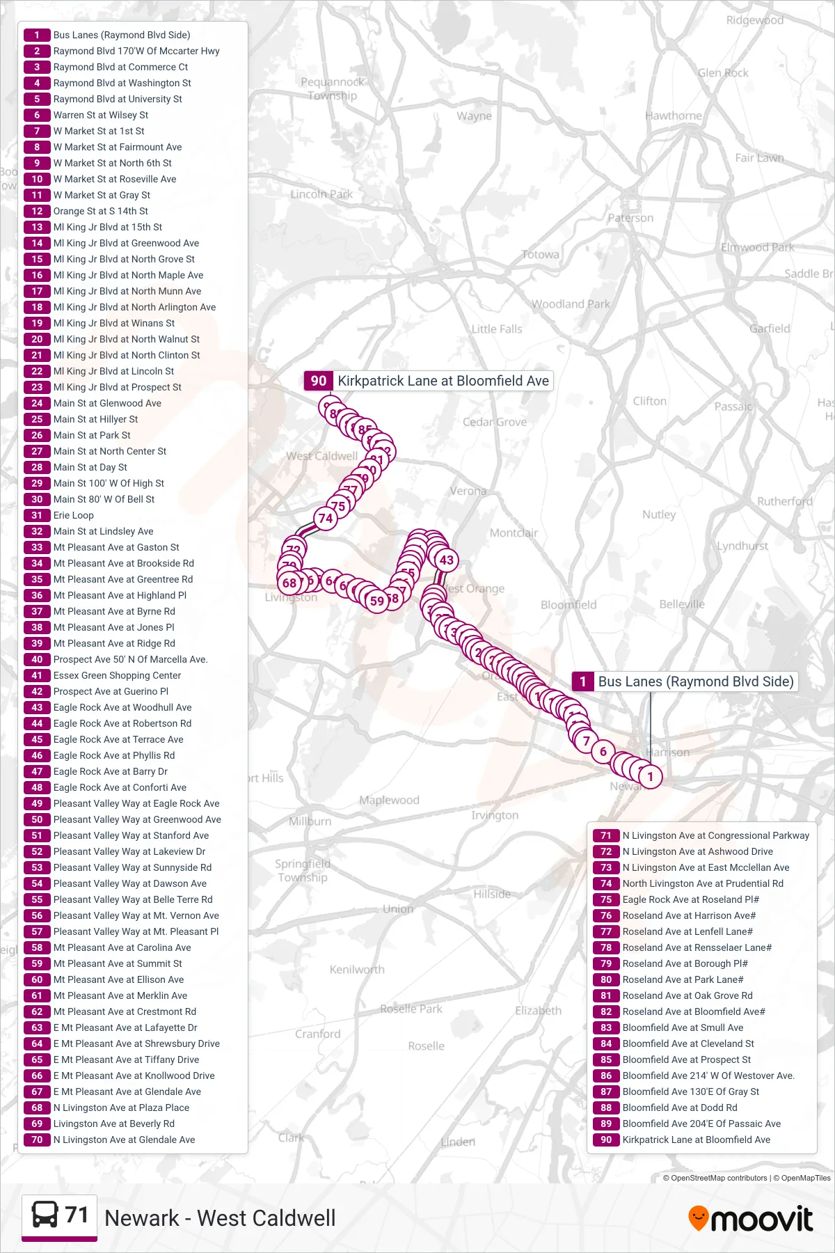 71 bus Line (W Caldwell) route and stops on a map