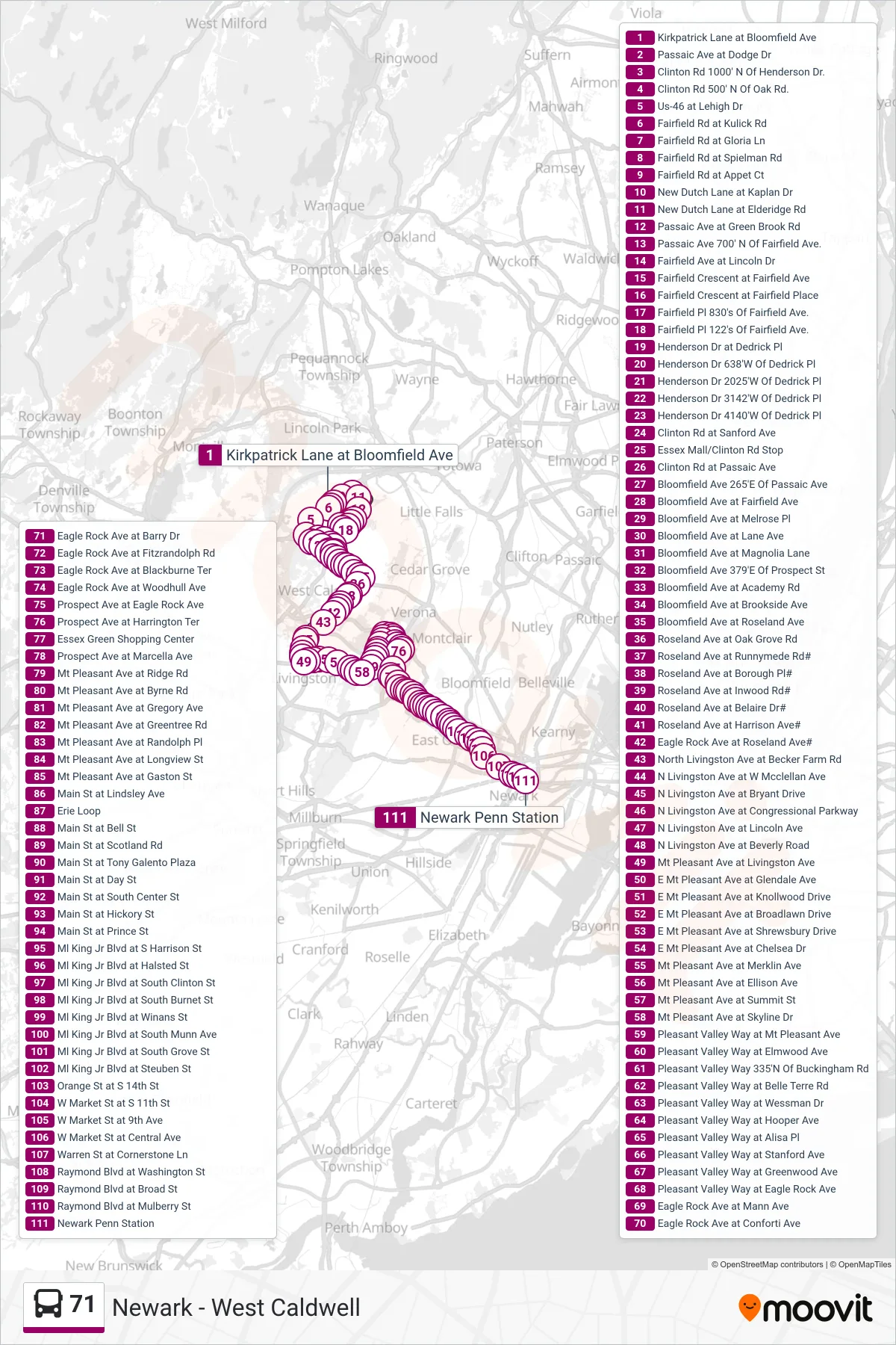 71 bus Line (Newark Via Fairfield Loop & Henderson Dr) route and stops on a map