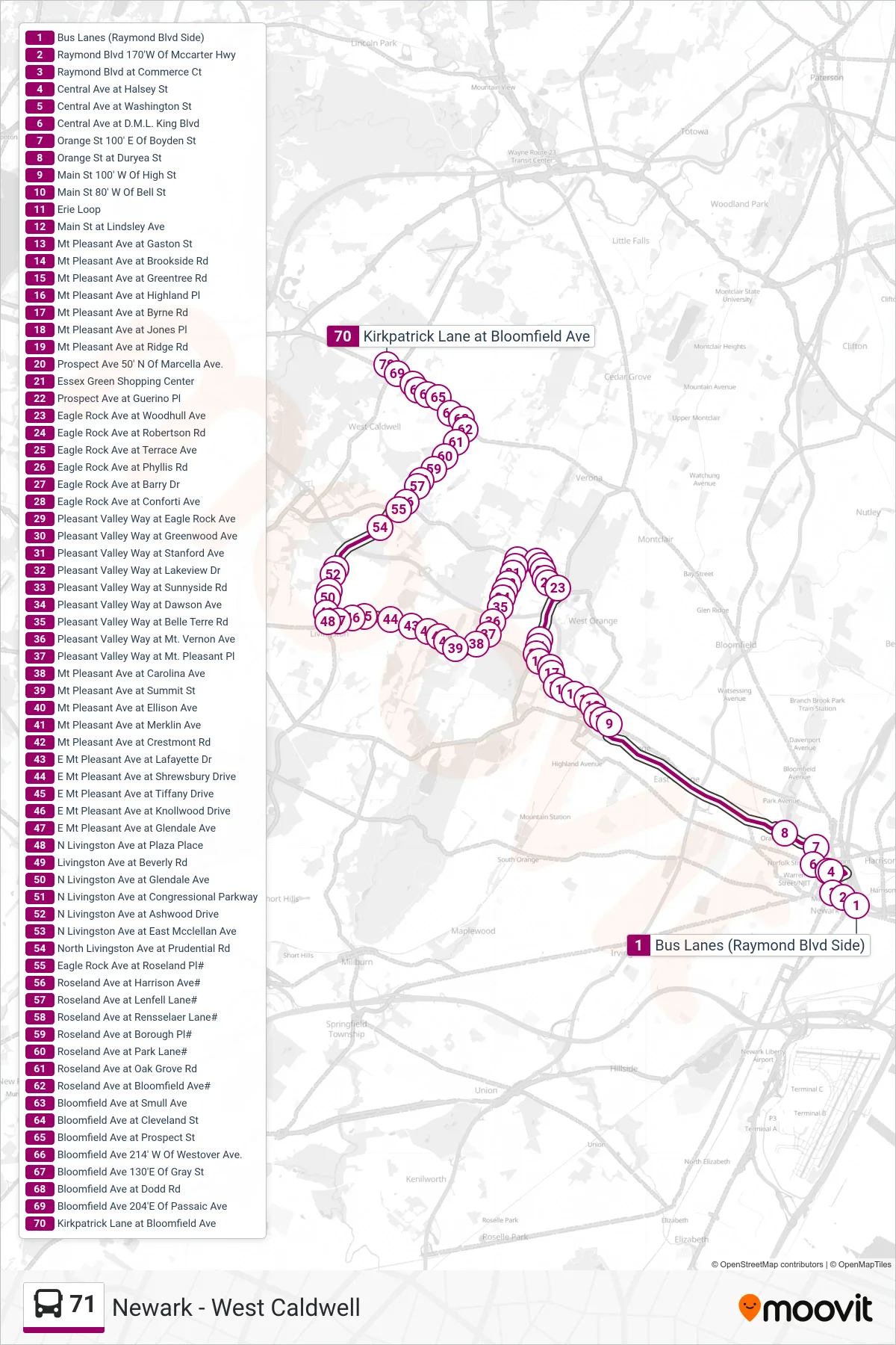 71 bus Line (Express West Caldwell) route and stops on a map