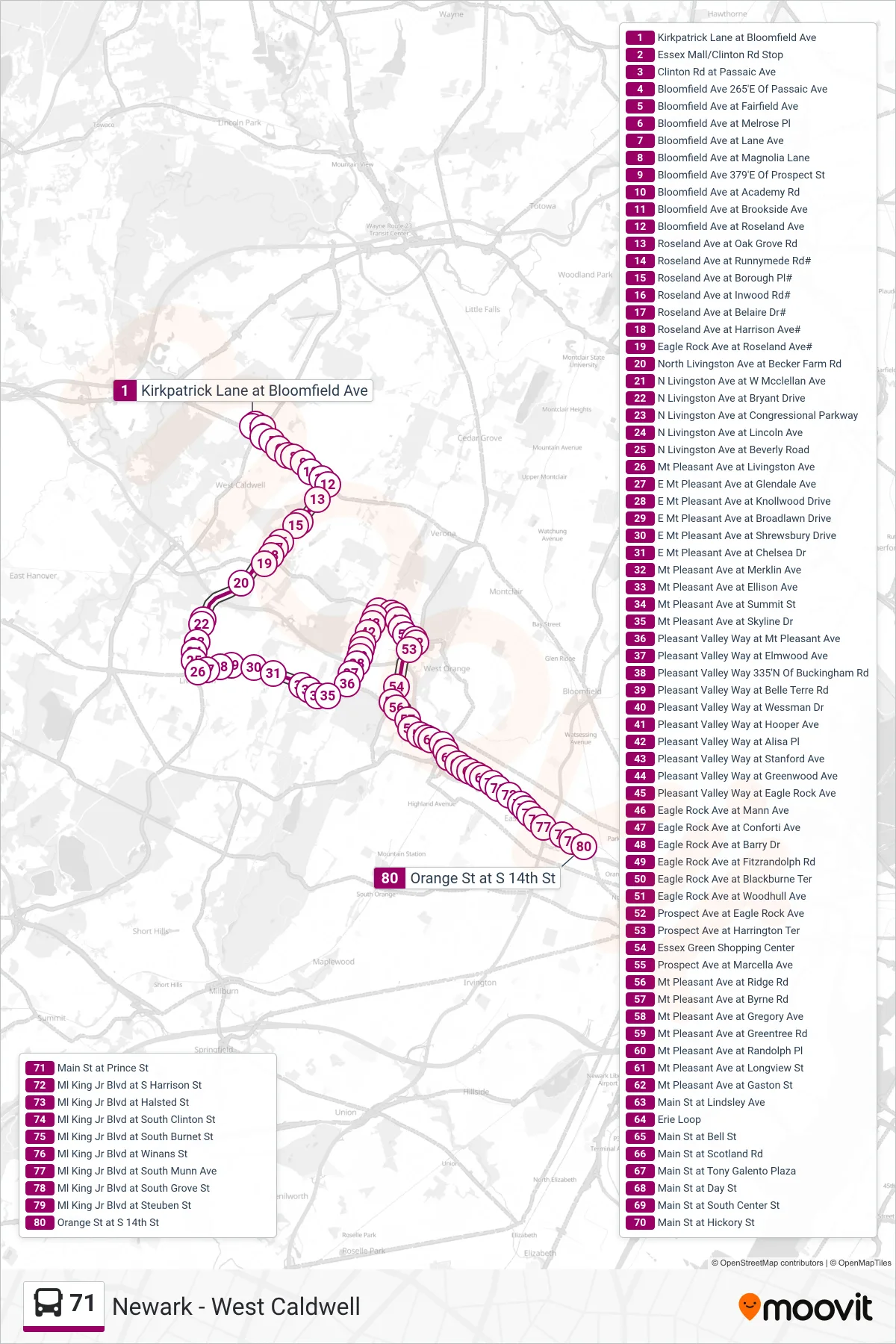71 bus Line (East Orange) route and stops on a map