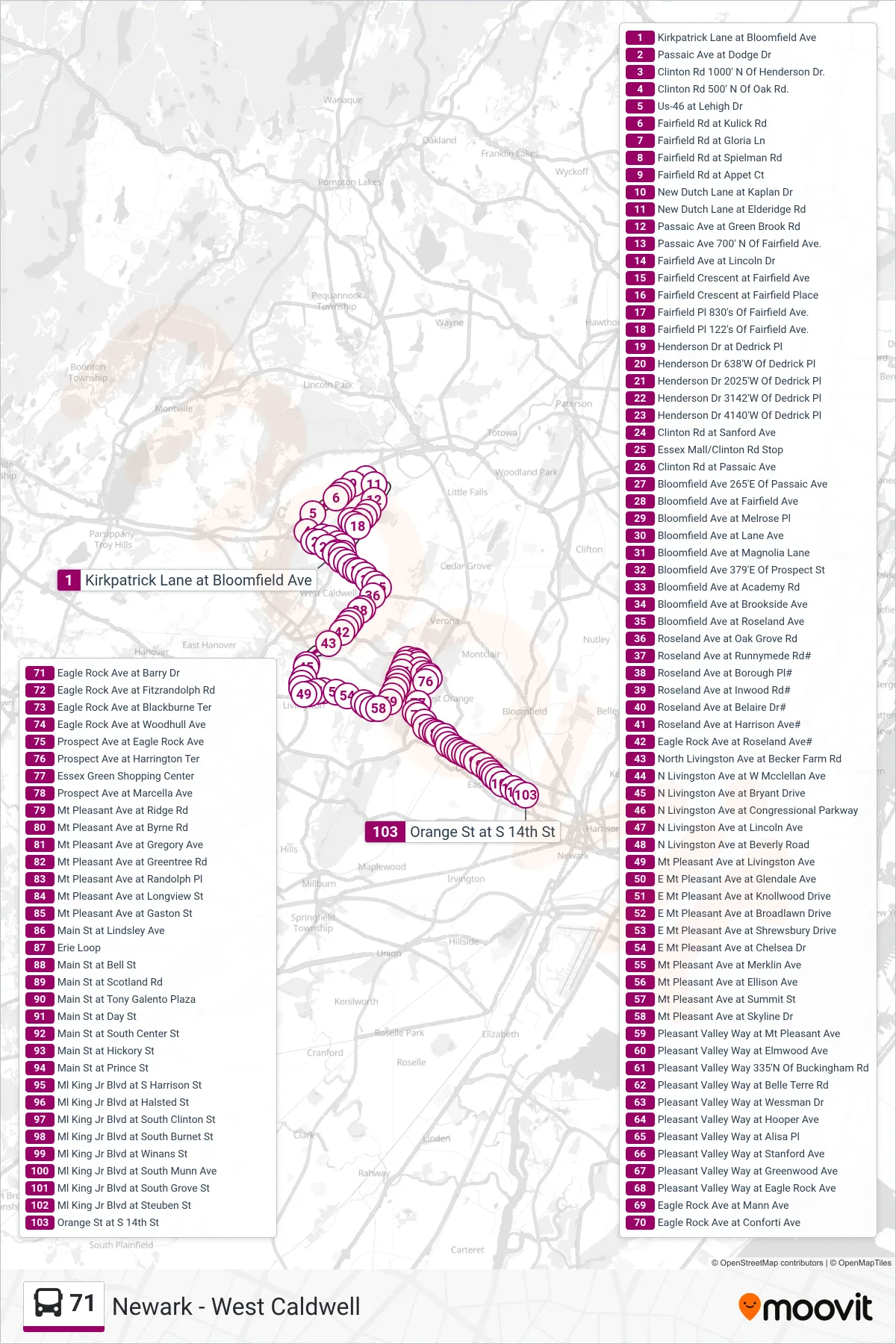 71 bus Line (E Orange Via Fairfield Loop) route and stops on a map