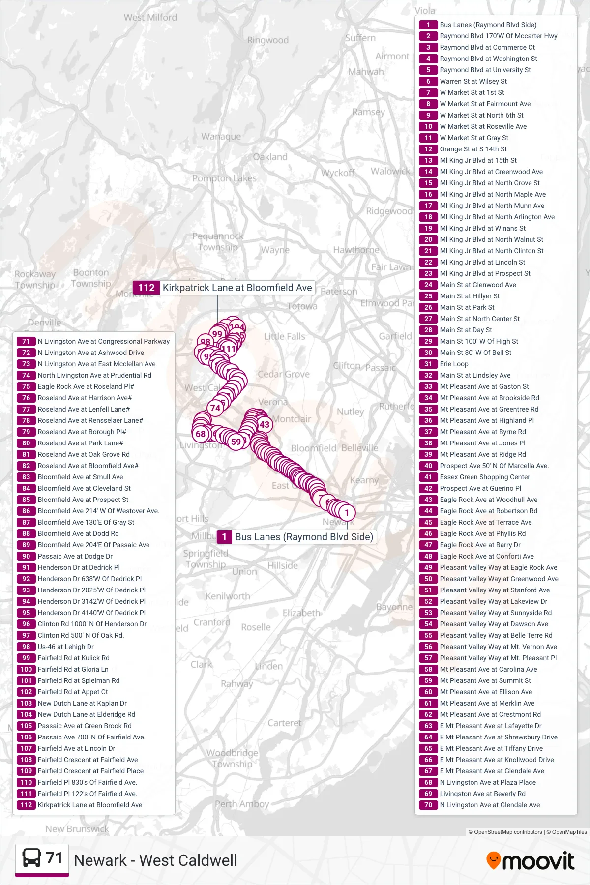 71 bus Line (Fairfield Loop Via Henderson) route and stops on a map