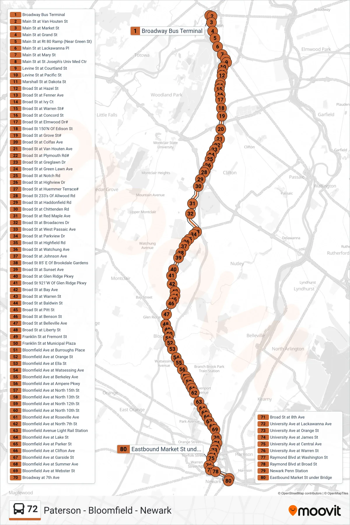 72 bus Line (Newark Penn Station Via Bloomfield Ave) route and stops on a map