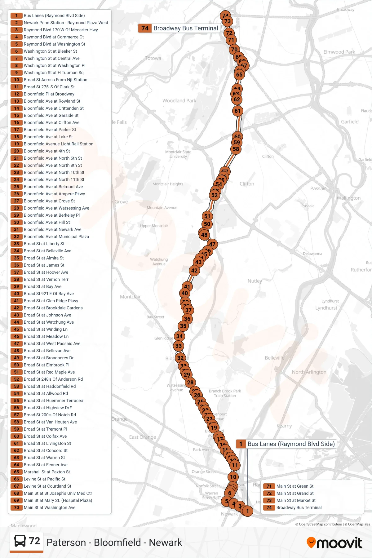 72 bus Line (Paterson Via Bloomfield Ave) route and stops on a map