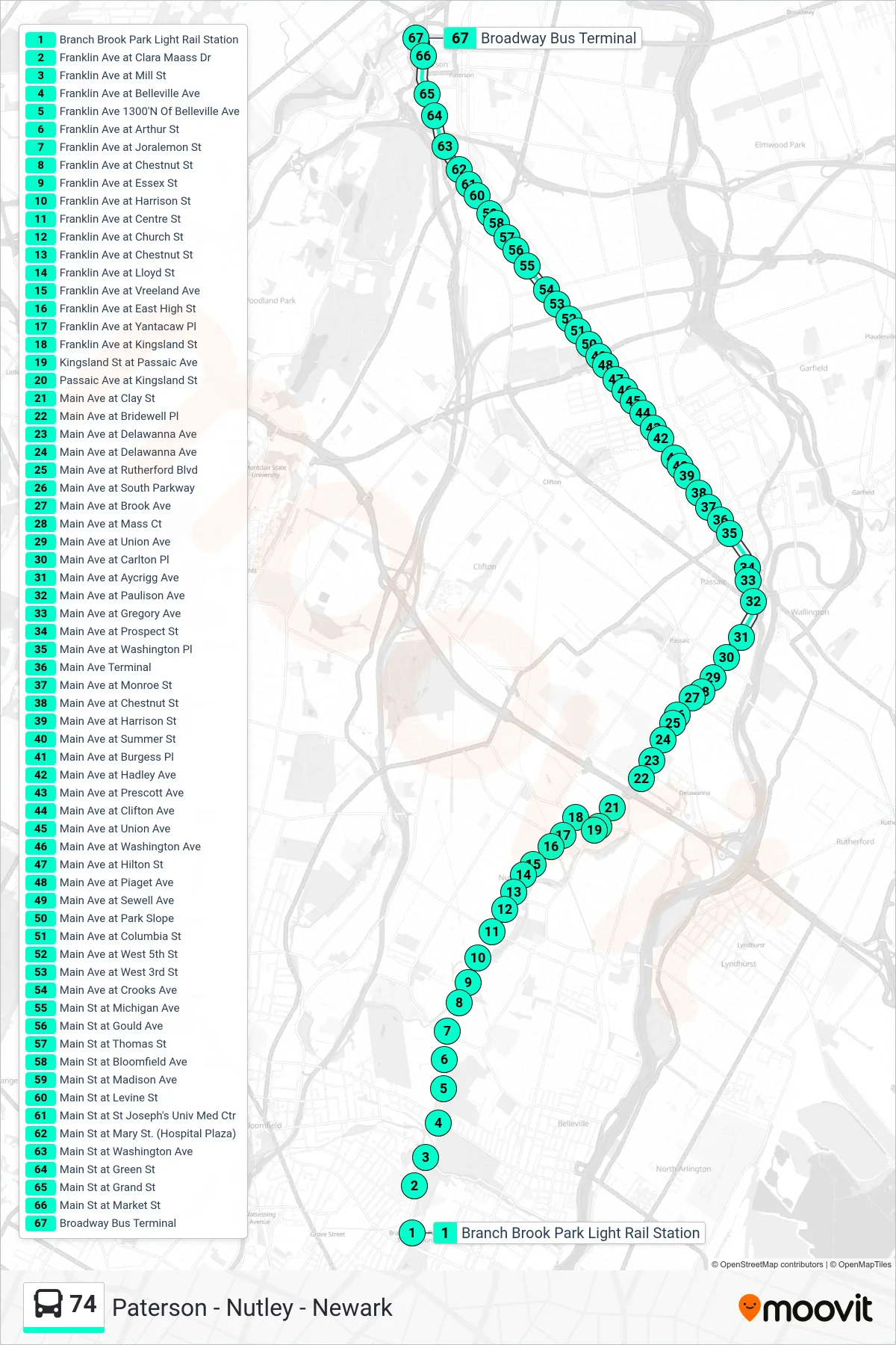 74 bus Line (Paterson) route and stops on a map