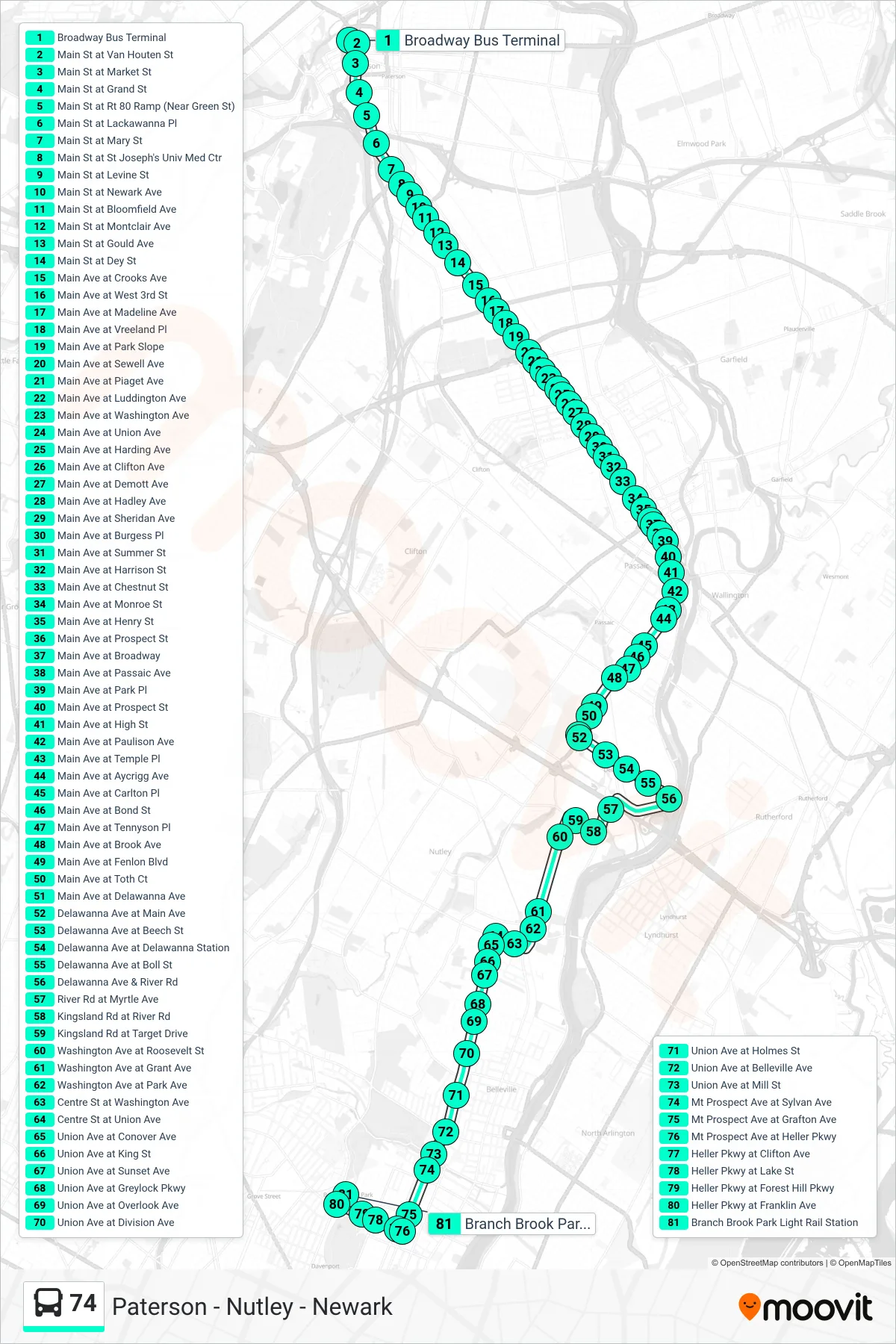 74 bus Line (U Branch Brook Park Station Via Union Ave Via Delawanna) route and stops on a map