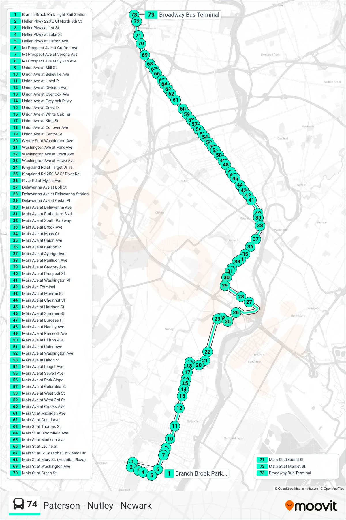74 bus Line (U Paterson  Via Union Ave Via Delawanna) route and stops on a map
