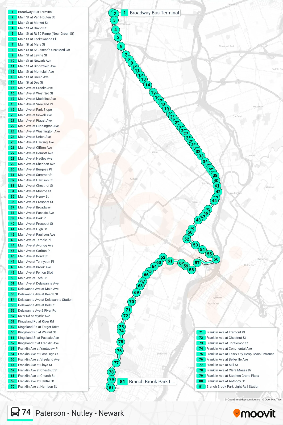 74 bus Line (Newark Lt Rail Branch Bk Park Via Delawanna) route and stops on a map