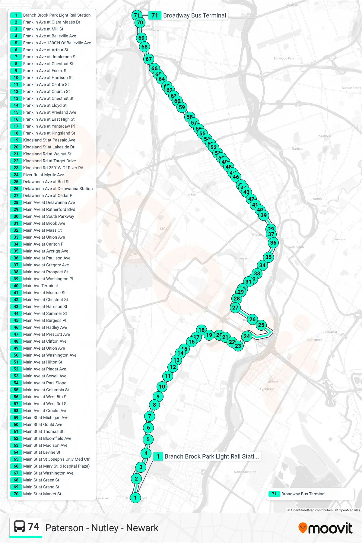 74 bus Line (Paterson Via Delawanna) route and stops on a map