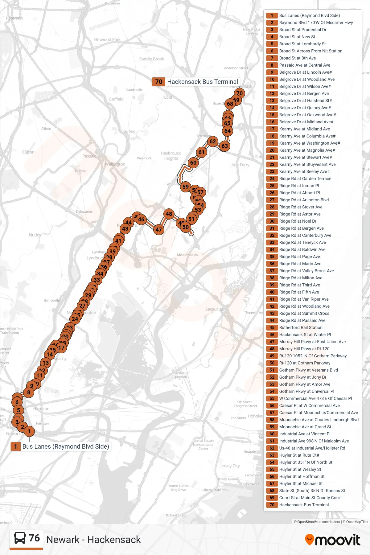 76 bus Line (M Hackensack Via Meadowlands) route and stops on a map