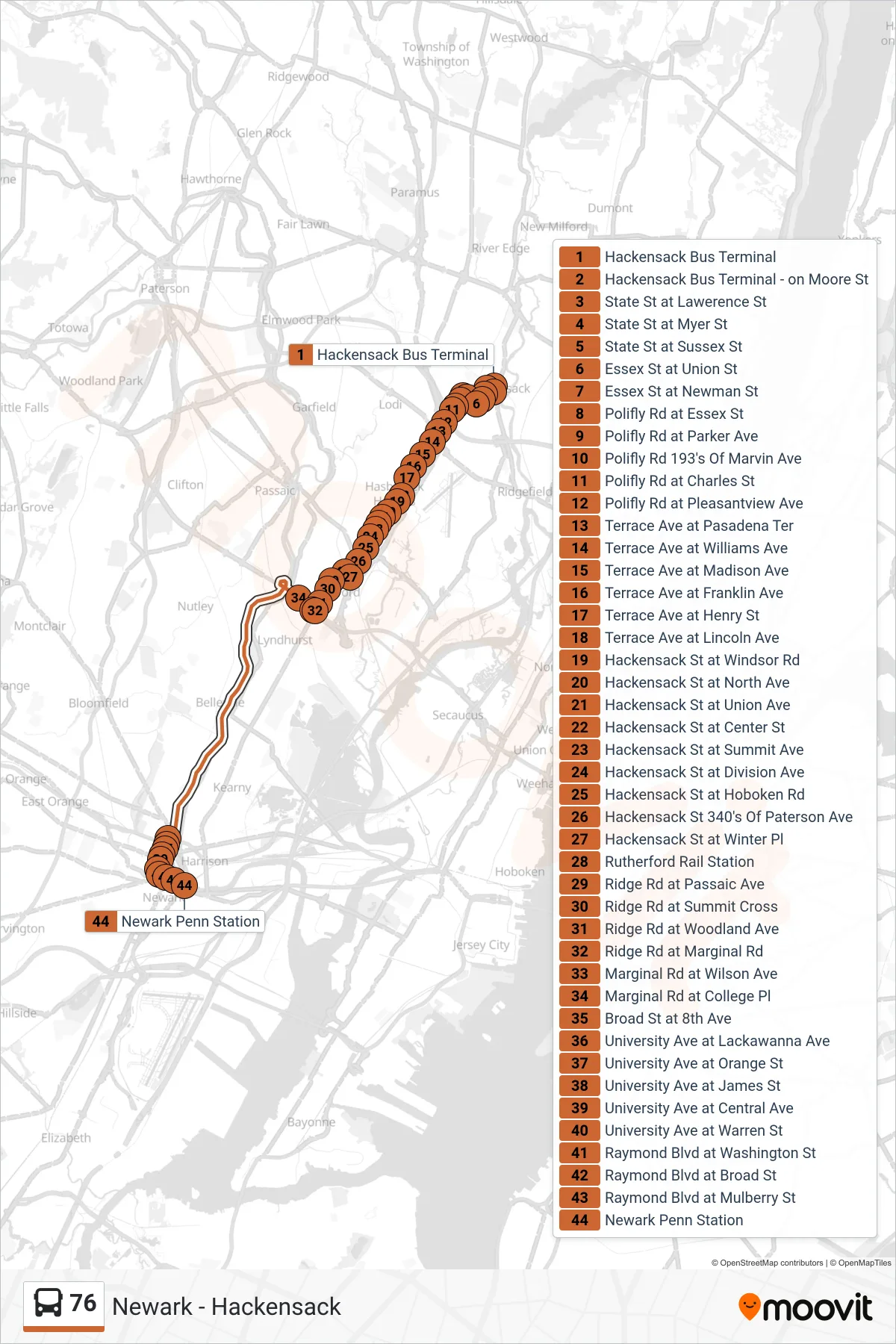 76 bus Line (X Newark Exp Penn Station) route and stops on a map