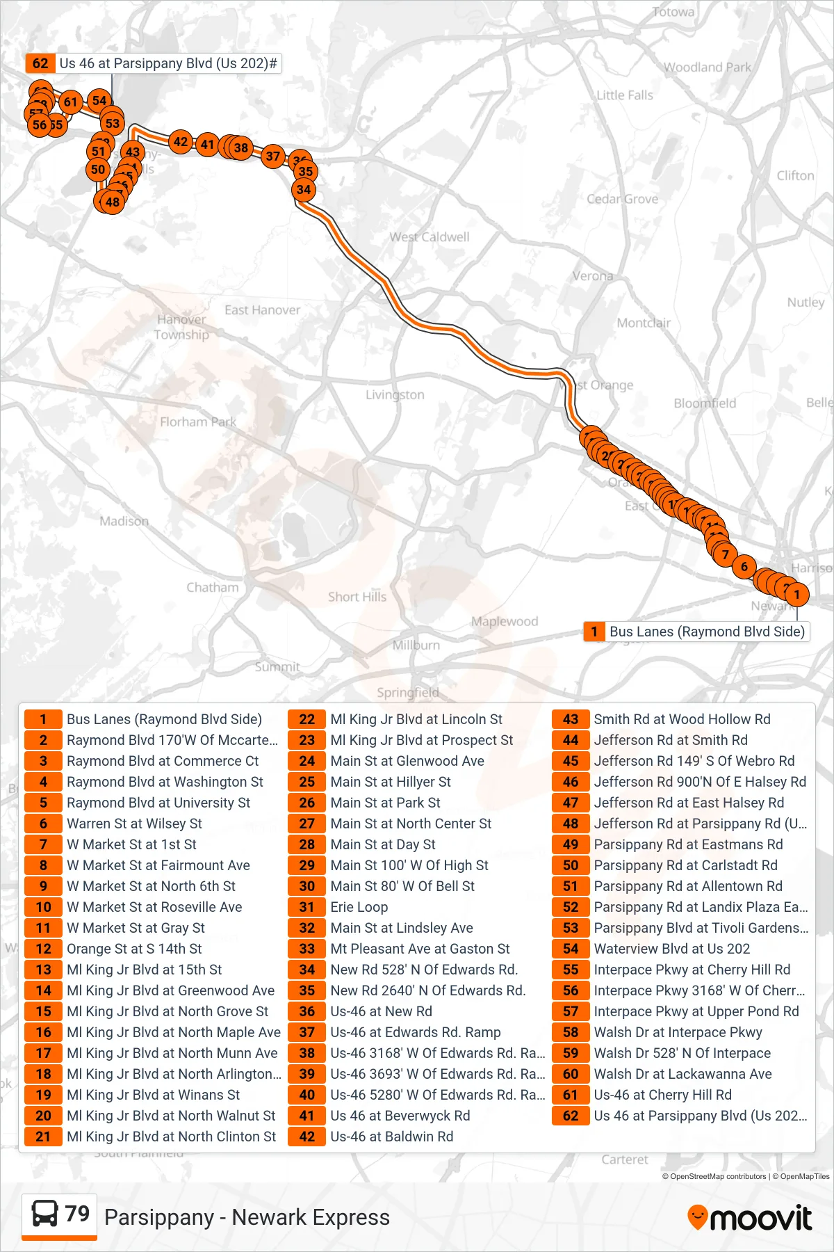 79 bus Line (X Parsippany Jefferson Rd) route and stops on a map