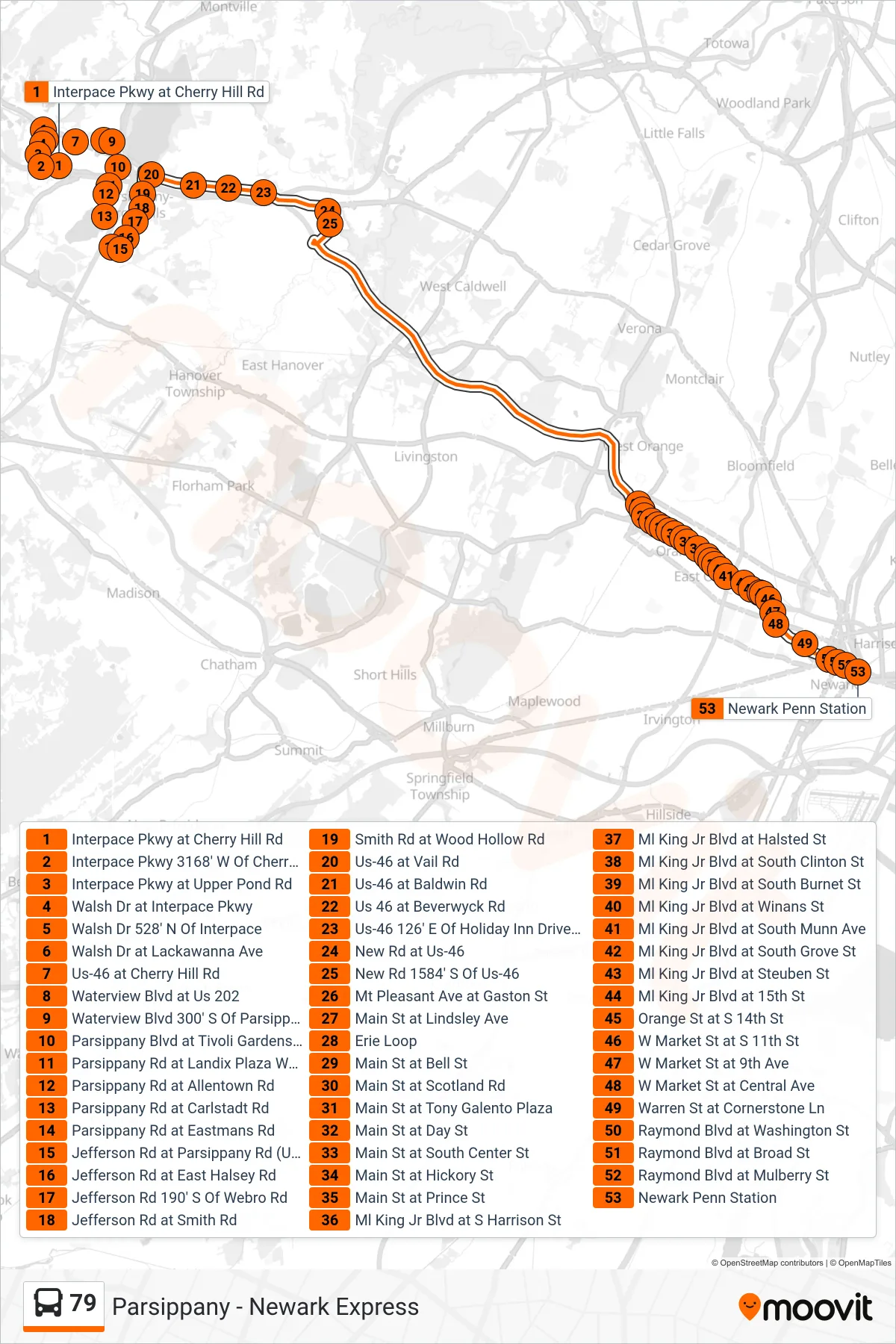 79 bus Line (X Newark) route and stops on a map