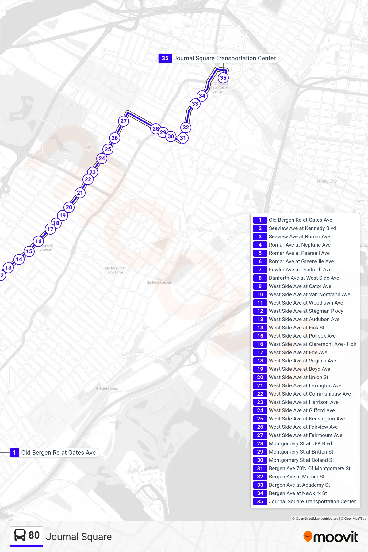 80 bus Line (Journal Square) route and stops on a map