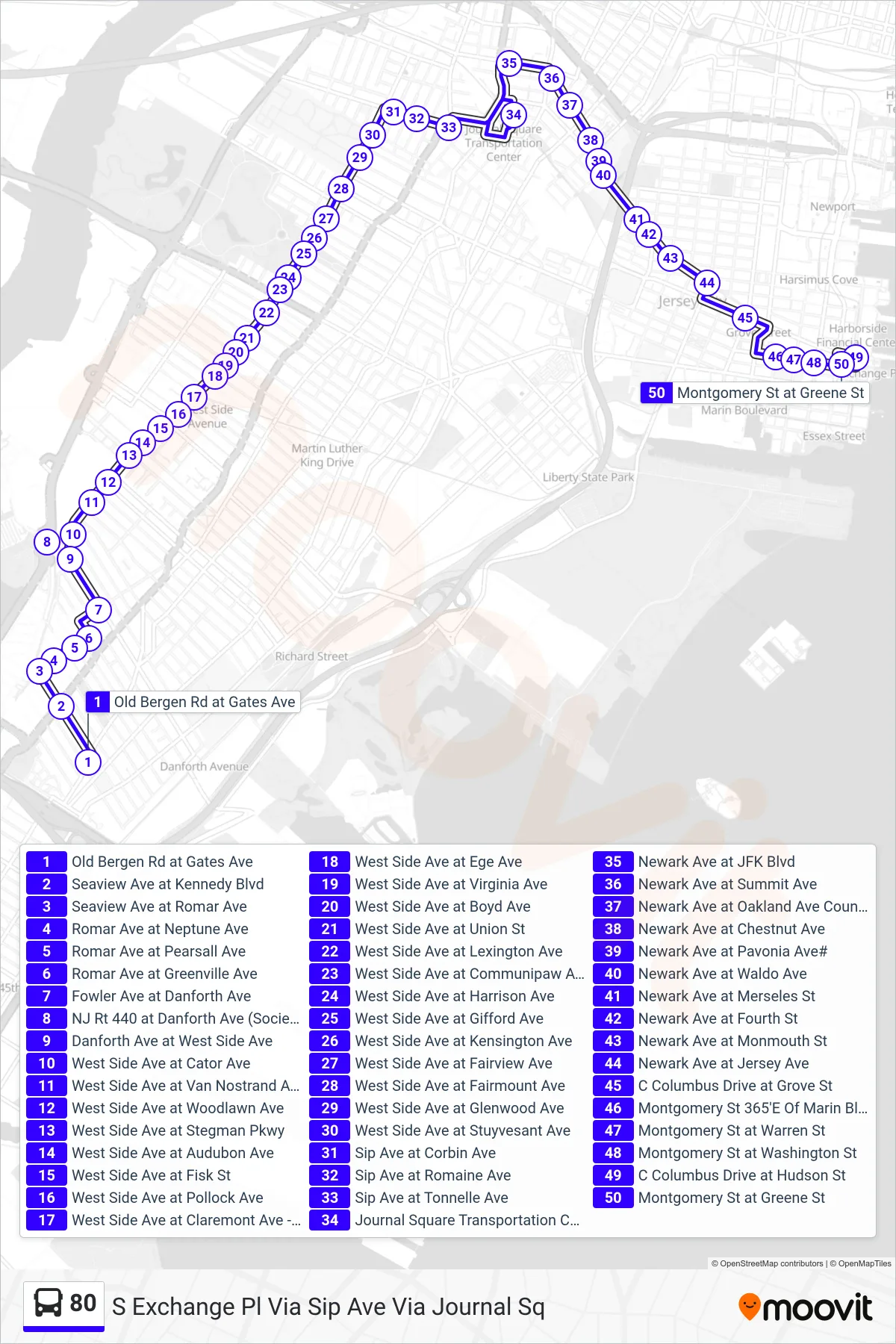 80 bus Line (S Exchange Pl Via Sip Ave Via Journal Sq) route and stops on a map
