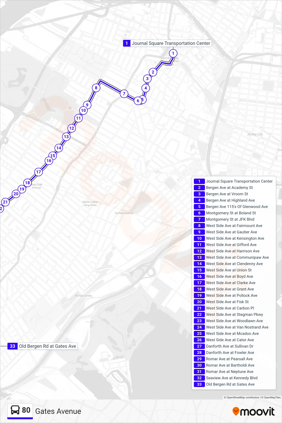 80 bus Line (Gates Avenue) route and stops on a map