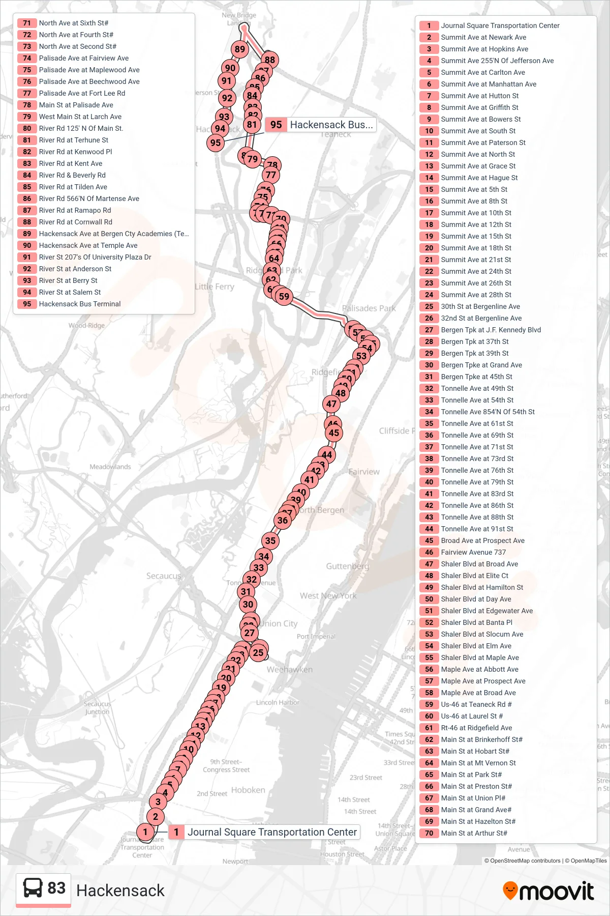 83 bus Line (Hackensack) route and stops on a map