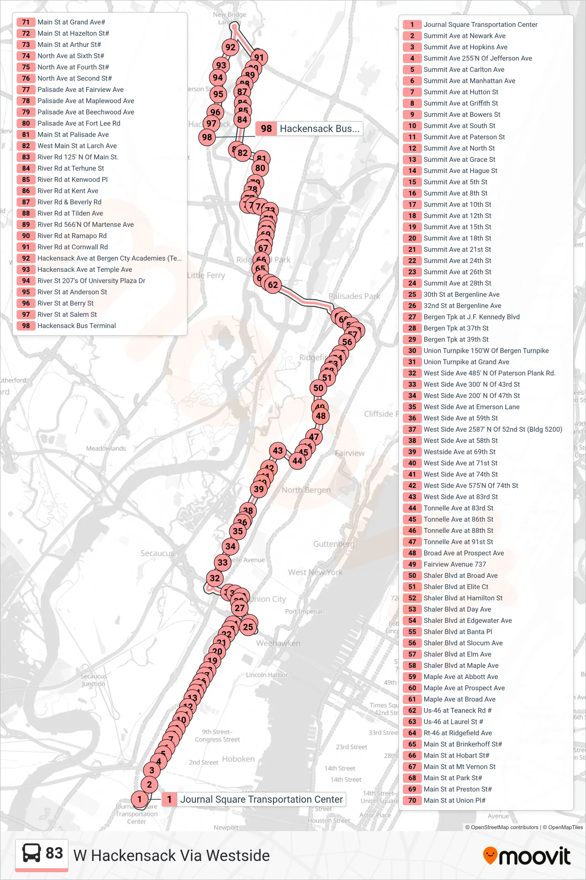 83 bus Line (W Hackensack Via Westside) route and stops on a map