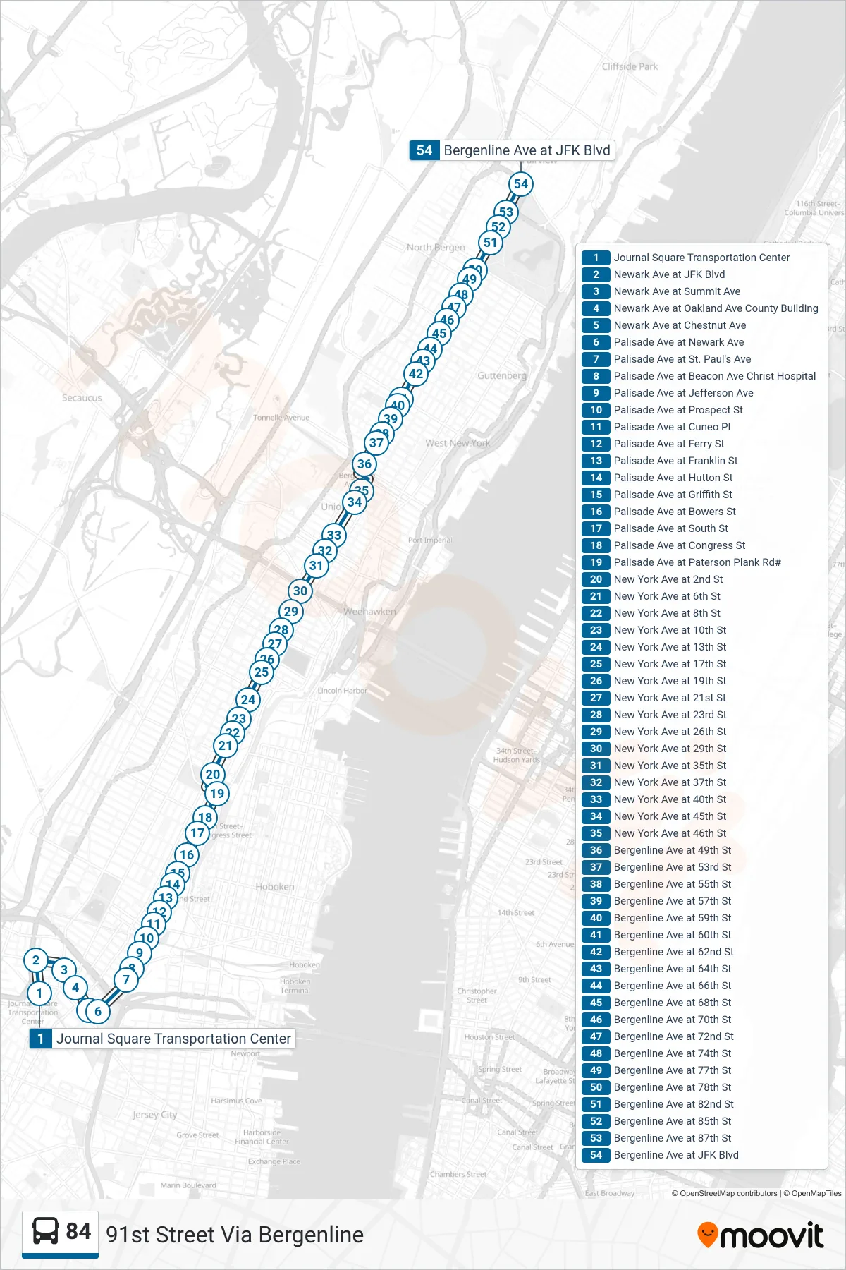 84 bus Line (91st Street Via Bergenline) route and stops on a map