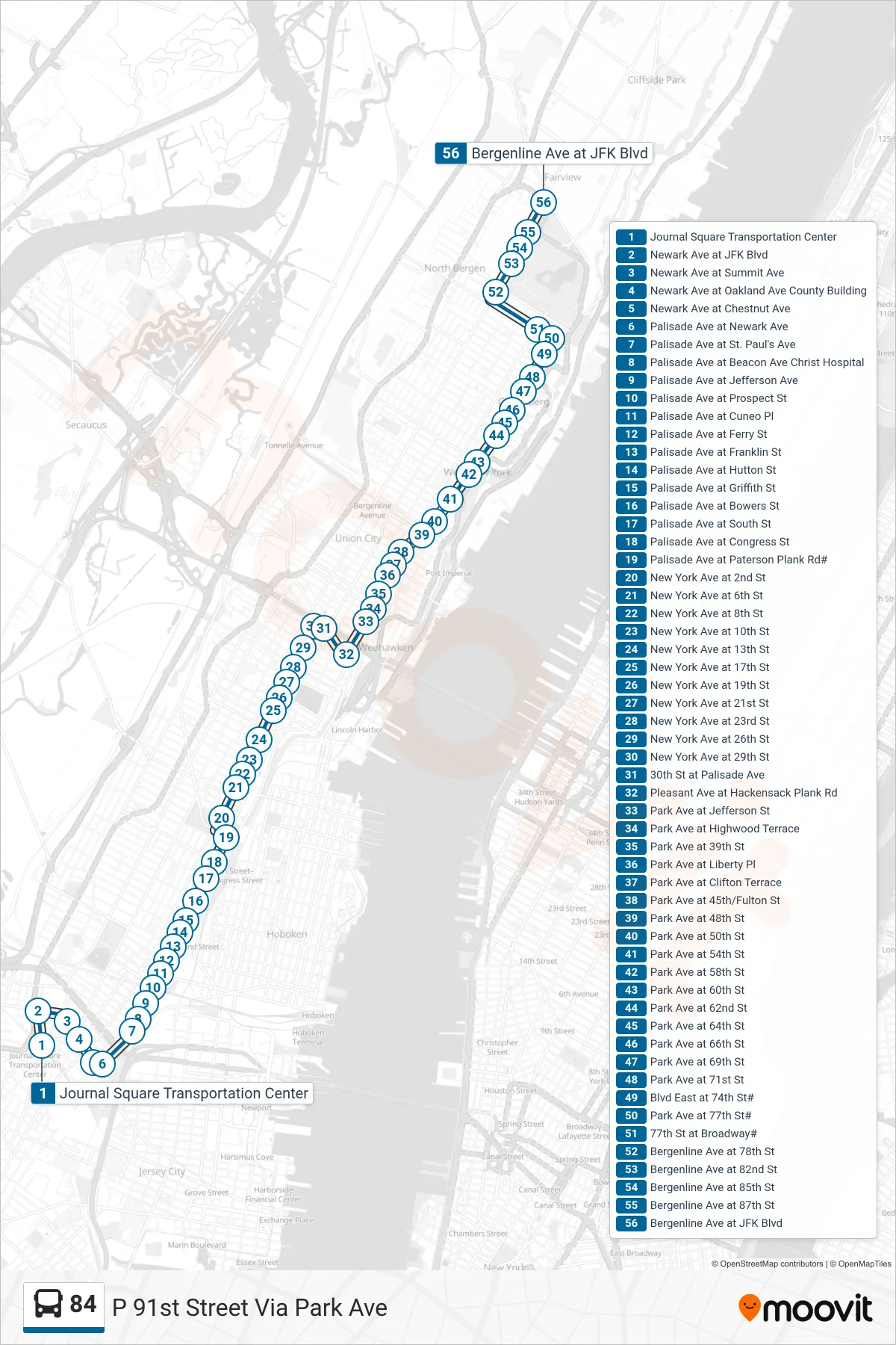 84 bus Line (P 91st Street Via Park Ave) route and stops on a map