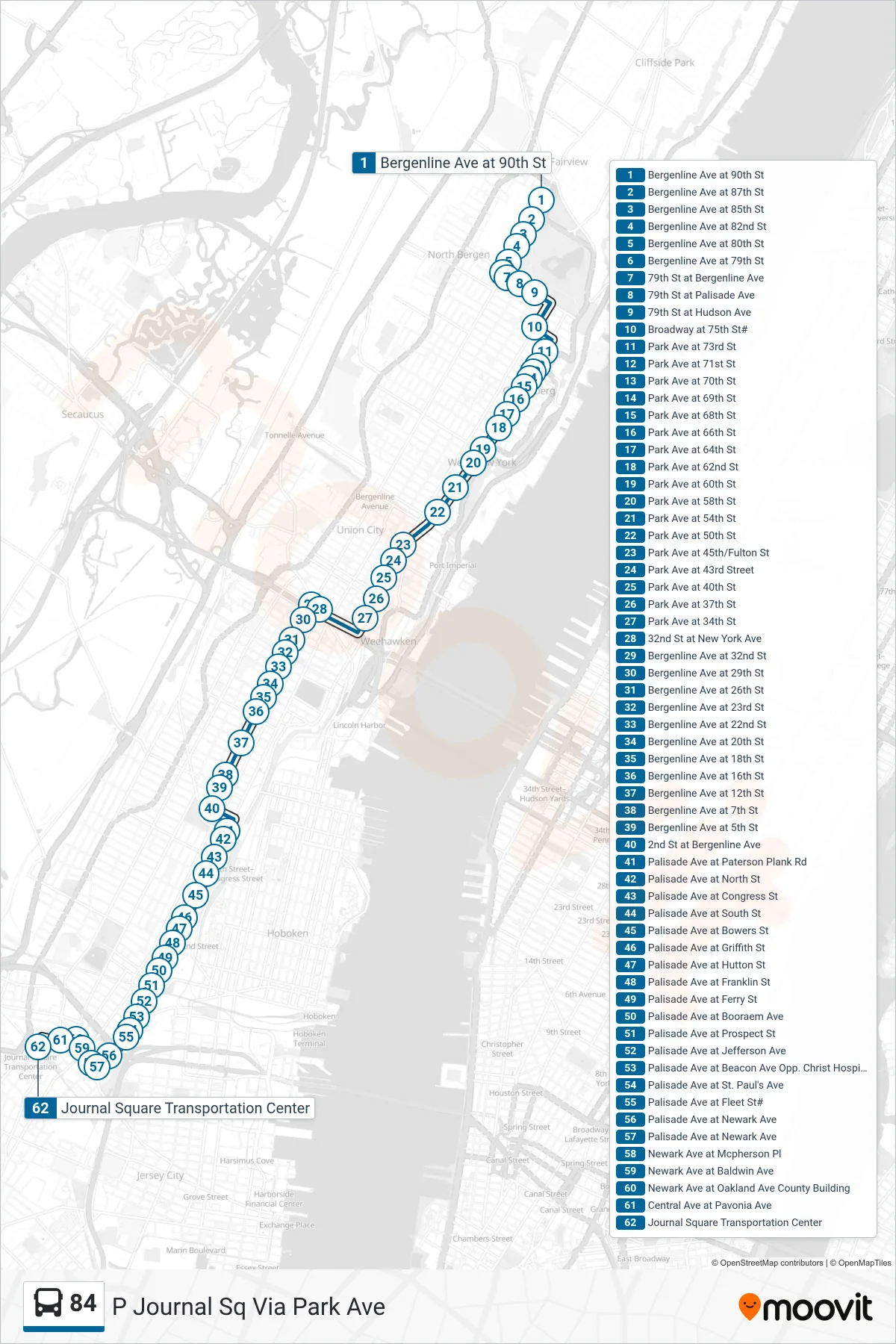 84 bus Line (P Journal Sq Via Park Ave) route and stops on a map