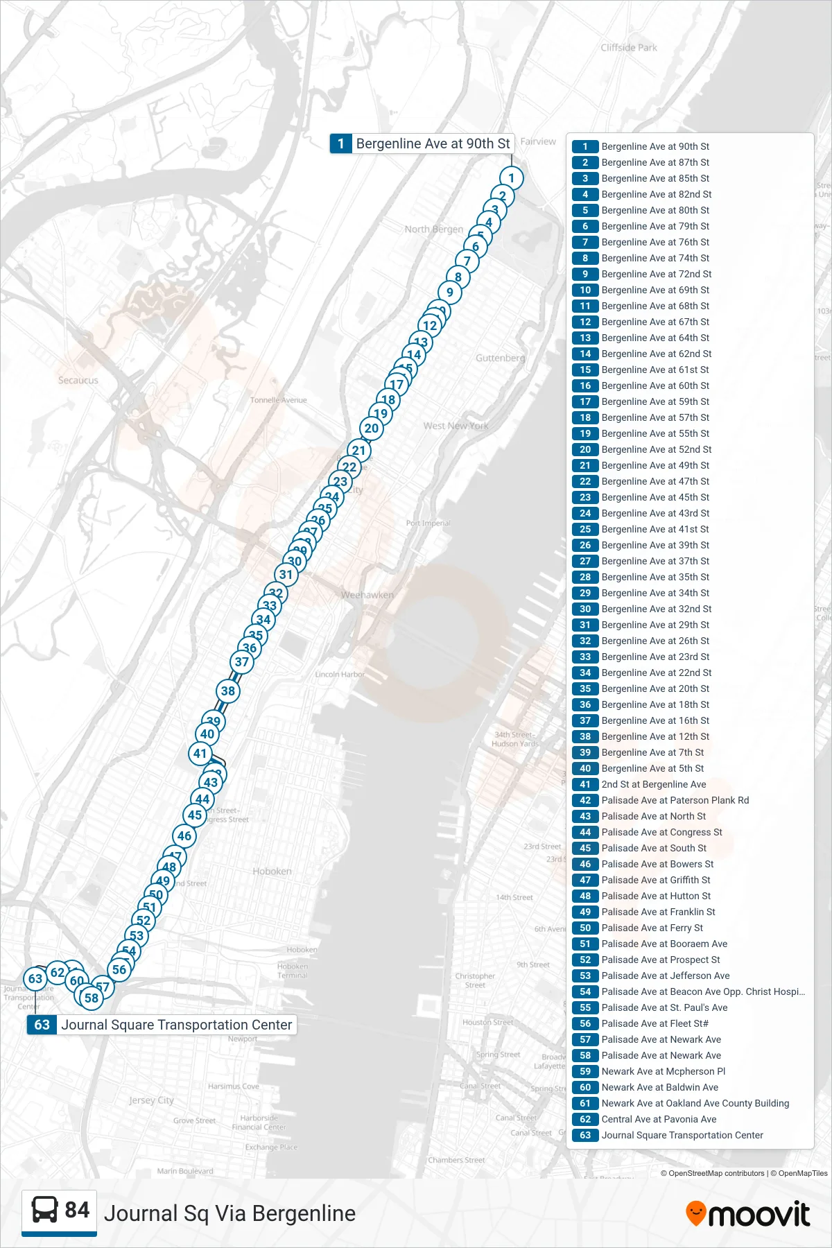 84 bus Line (Journal Sq Via Bergenline) route and stops on a map