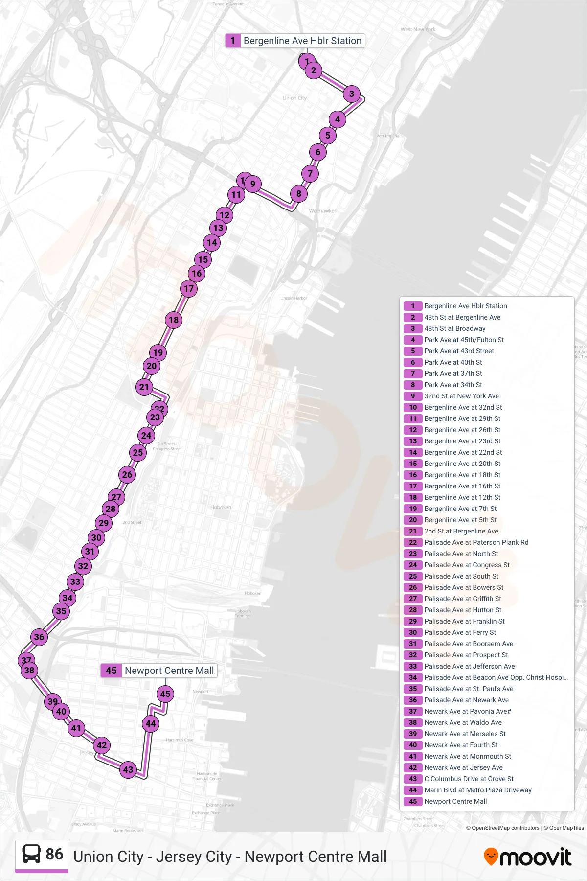 86 bus Line (Newport Mall) route and stops on a map