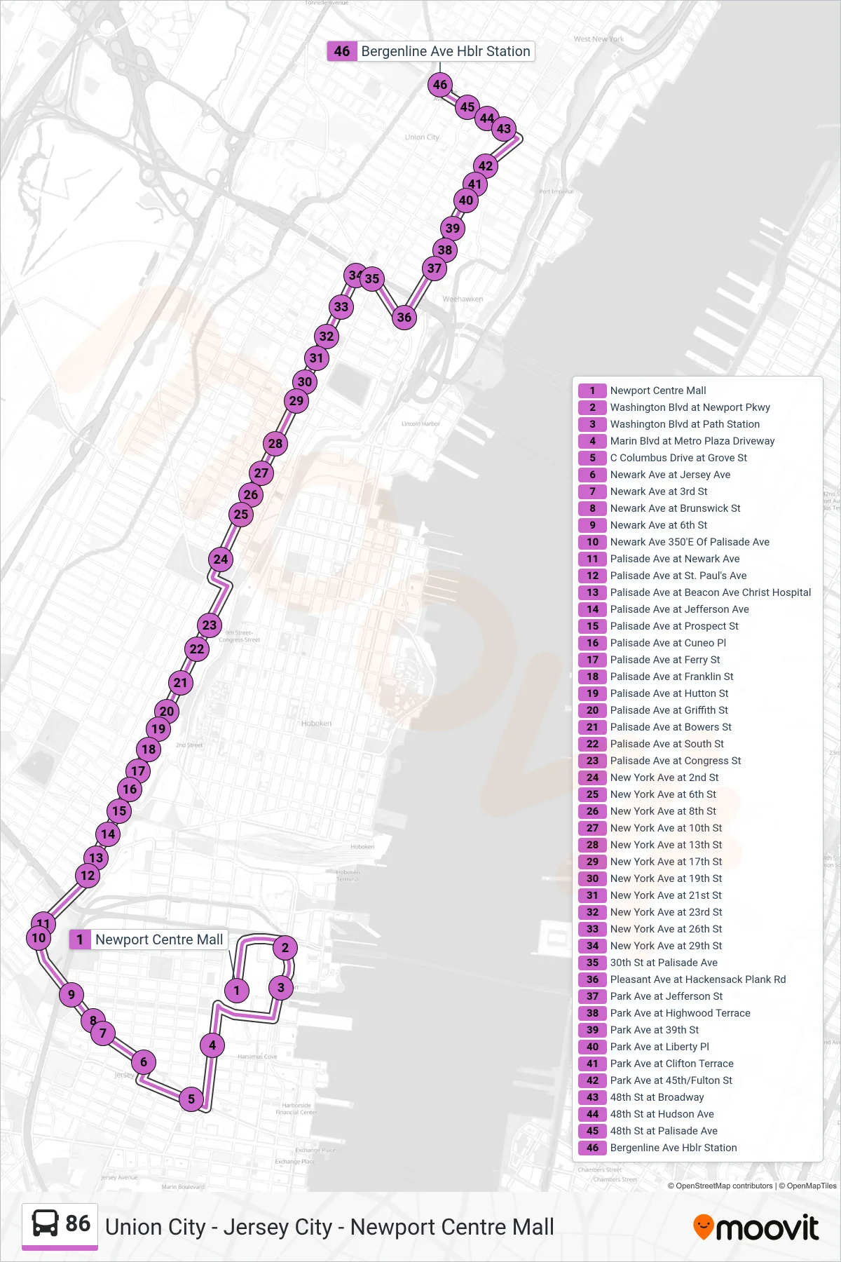 86 bus Line (Union City) route and stops on a map