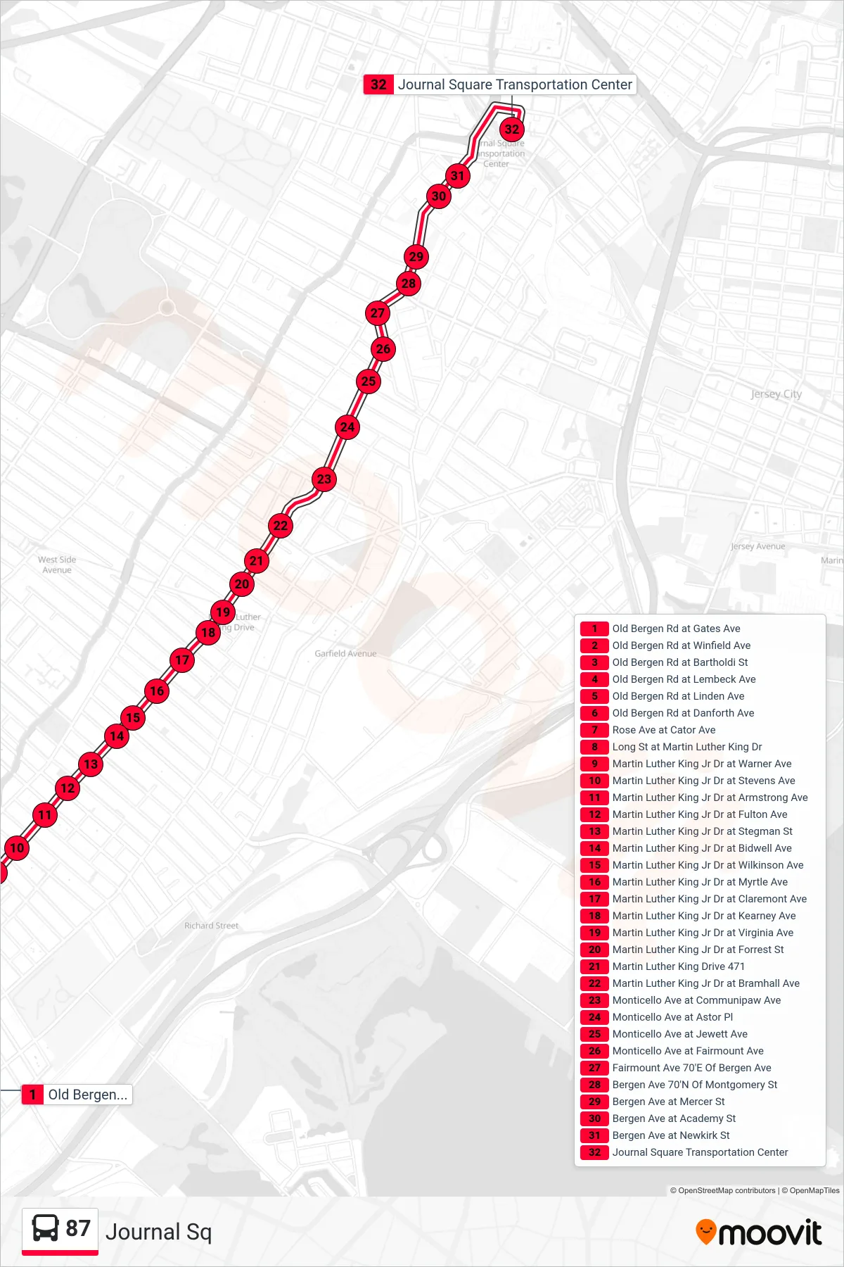 87 bus Line (Journal Sq) route and stops on a map