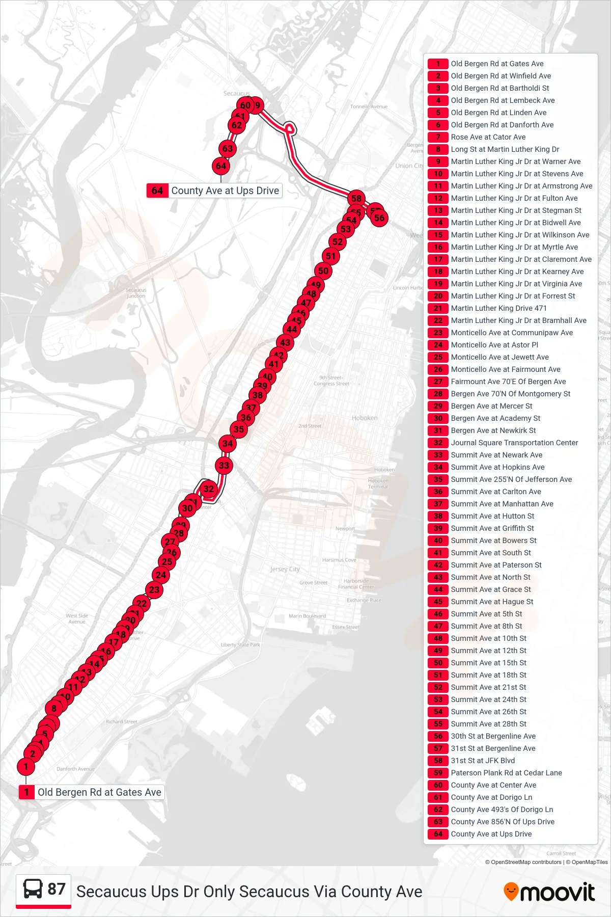 87 bus Line (Secaucus Ups Dr Only Secaucus Via County Ave) route and stops on a map