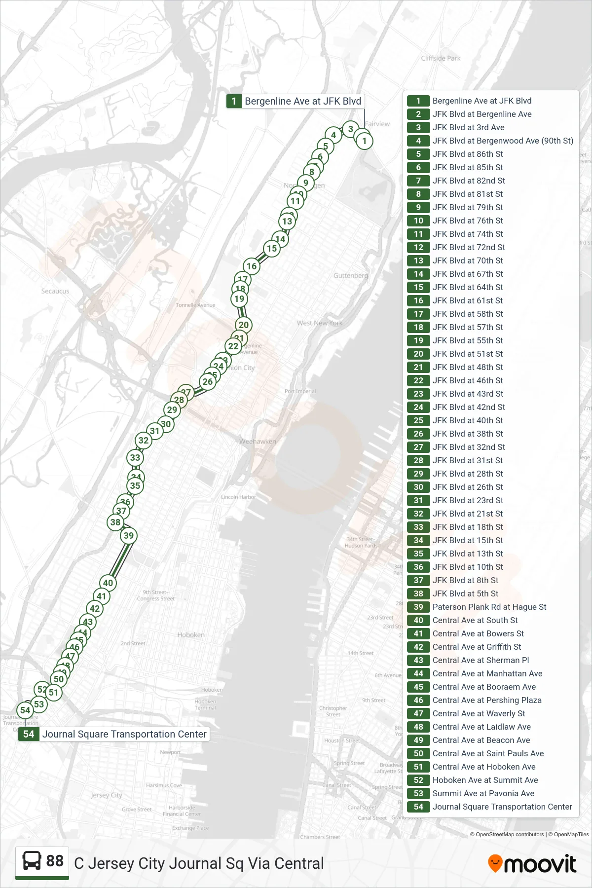 88 bus Line (C Jersey City Journal Sq Via Central) route and stops on a map