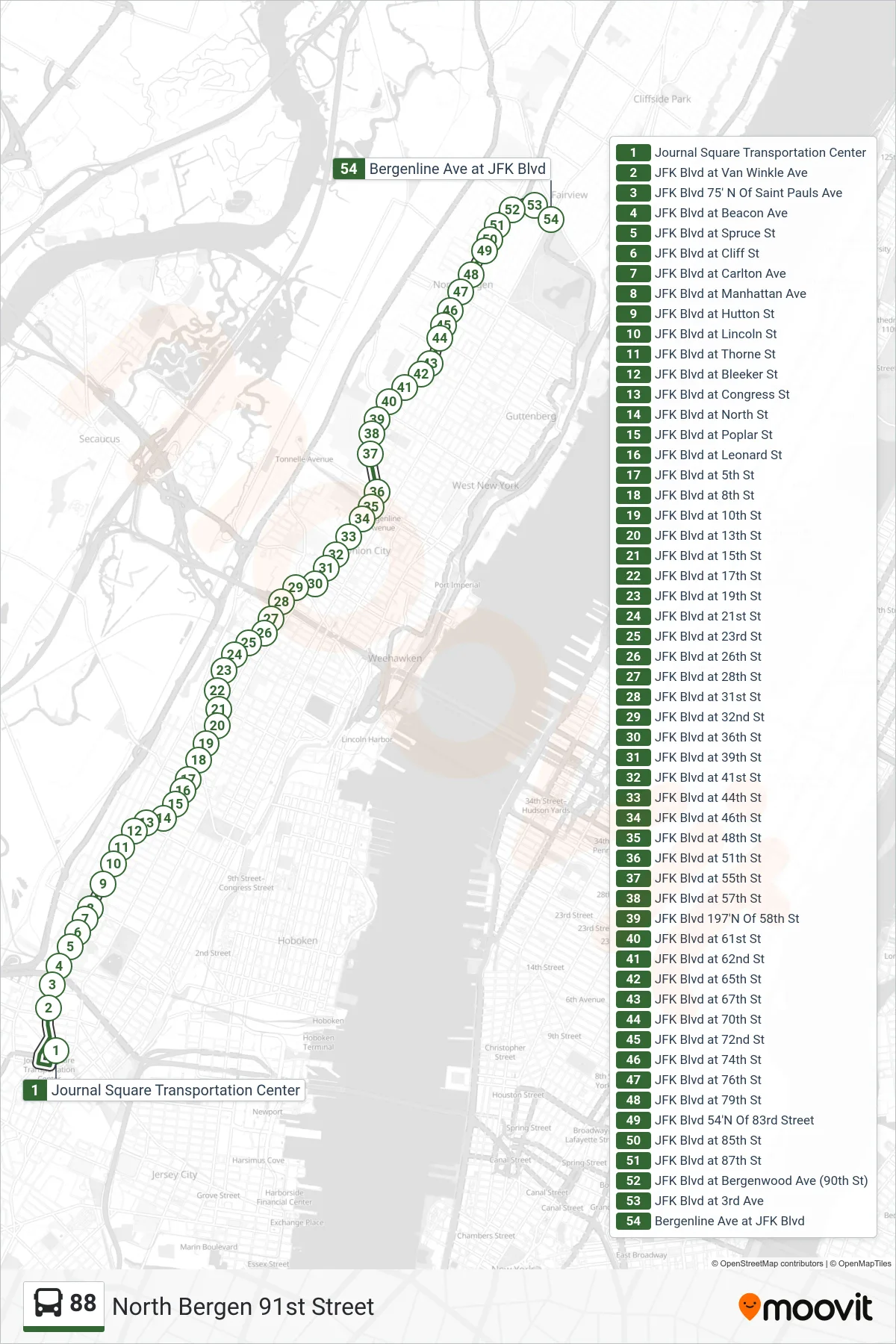 88 bus Line (North Bergen 91st Street) route and stops on a map