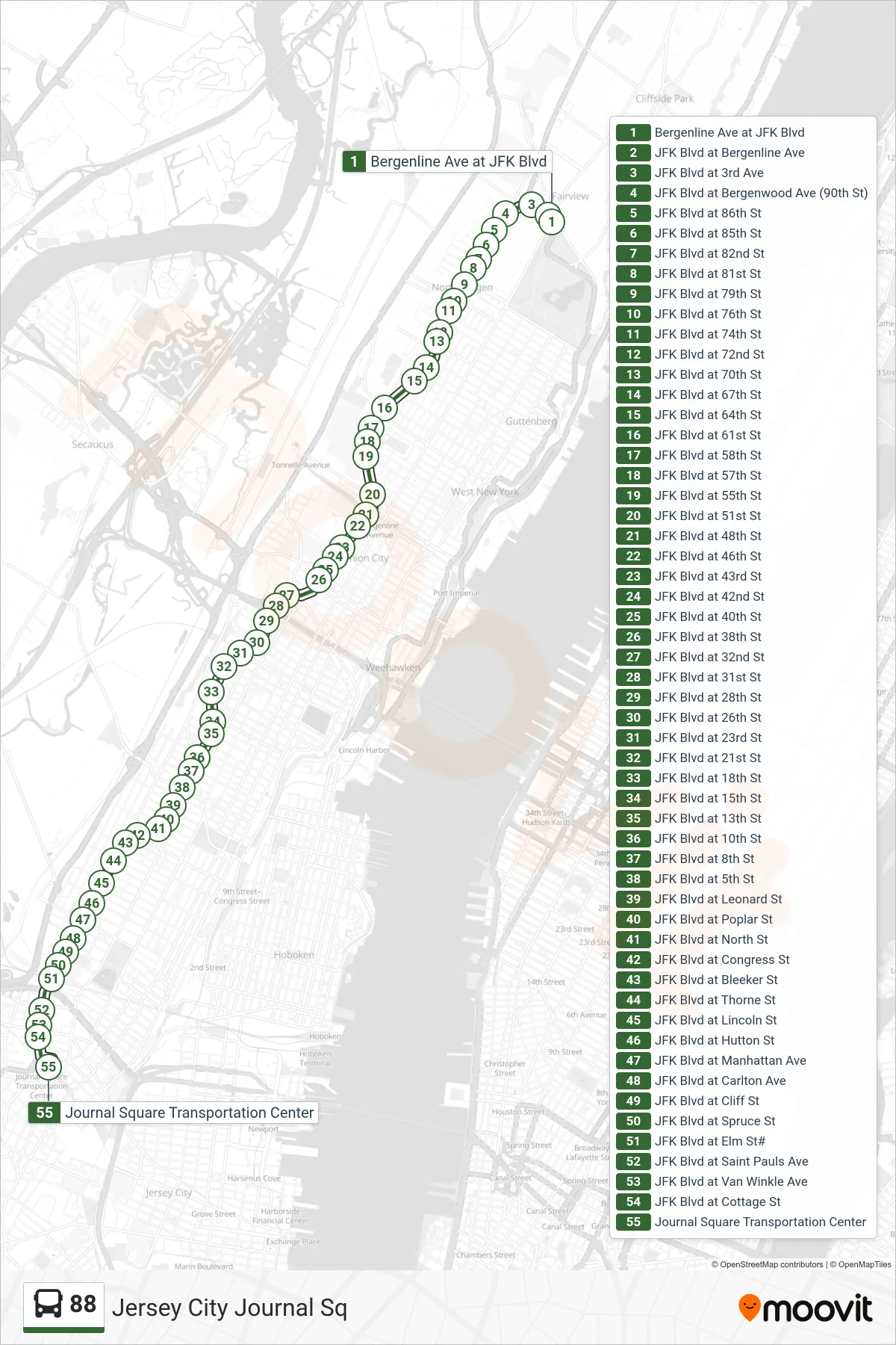 88 bus Line (Jersey City Journal Sq) route and stops on a map
