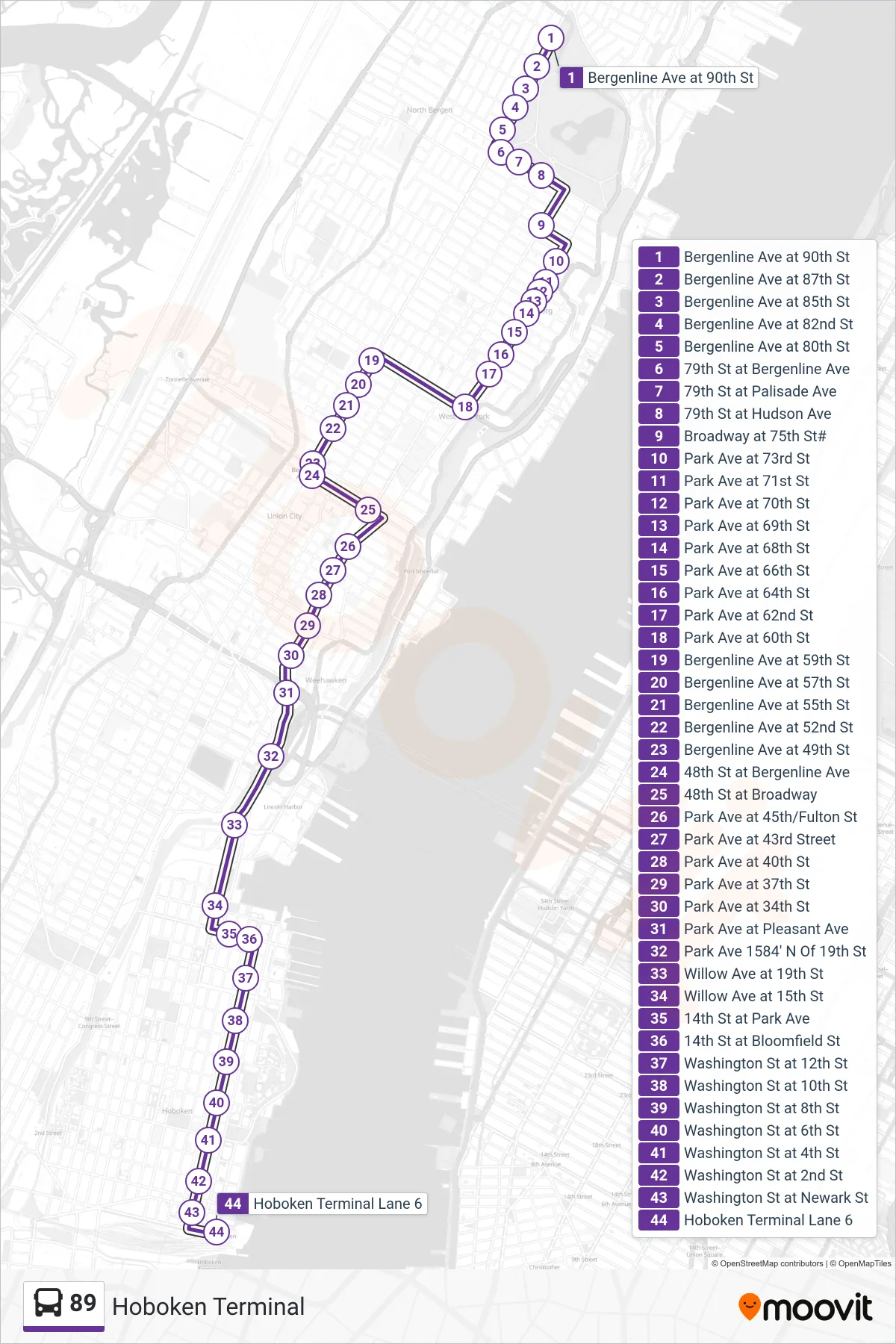89 bus Line (Hoboken Terminal) route and stops on a map