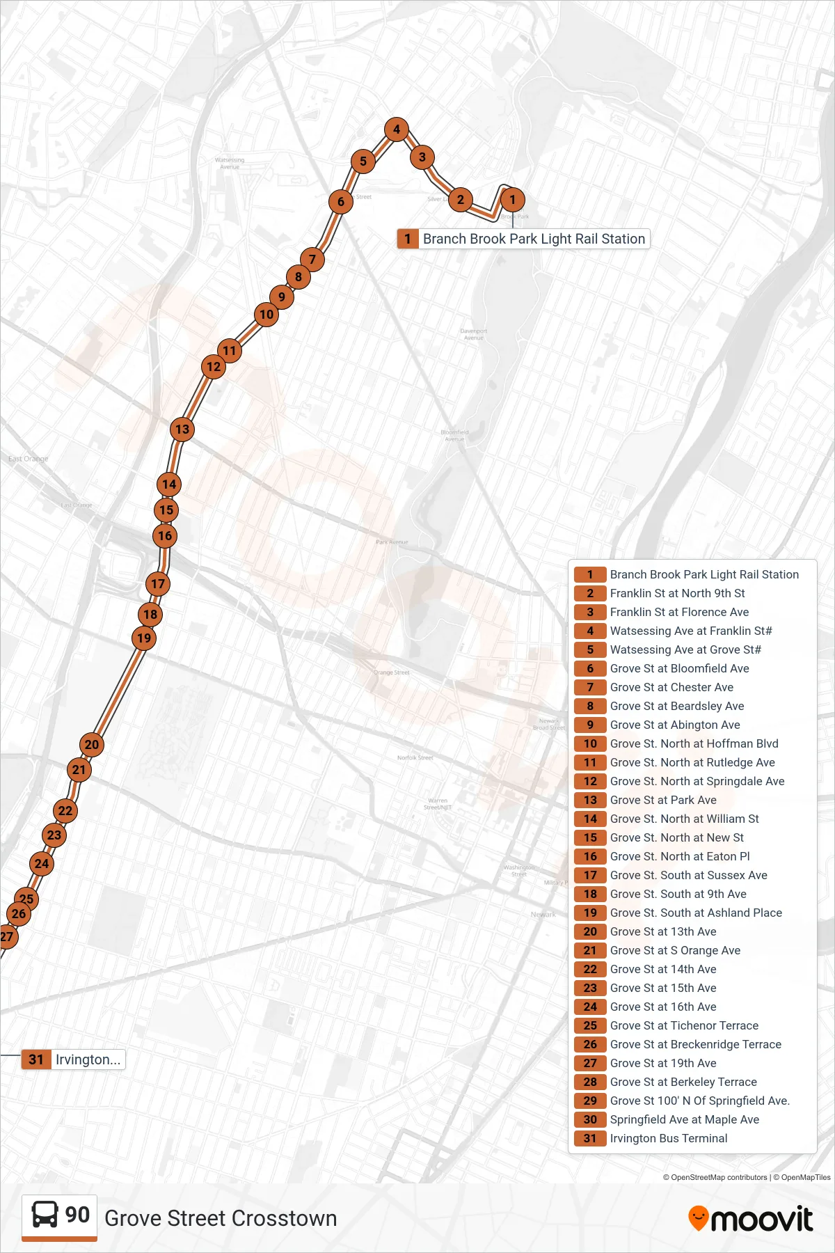90 bus Line (Crosstown Irvingtn Term) route and stops on a map