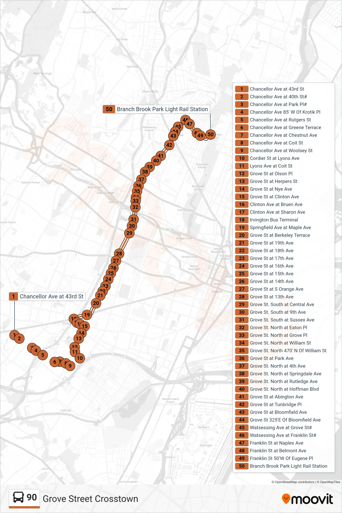 90 bus Line (Crosstown Newark Lt Rail Branch Brook Park Station) route and stops on a map